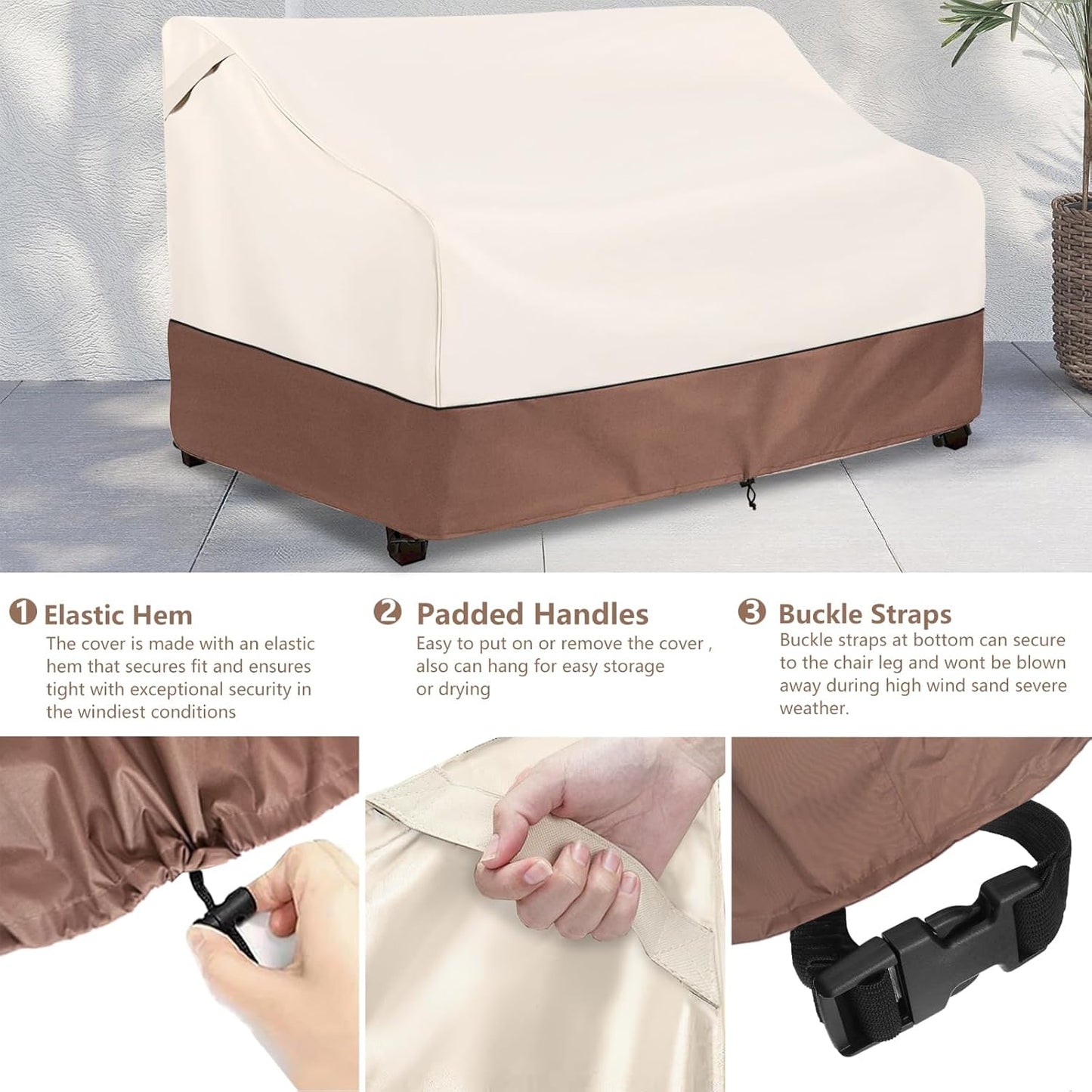 Okcool Heavy Duty Patio Sofa Cover, 100% Waterproof 2-Seater Outdoor Sofa Cover Fits up to 58W x 32.5D x 31H Inches, Lawn Patio Furniture Covers,Beige & Brown