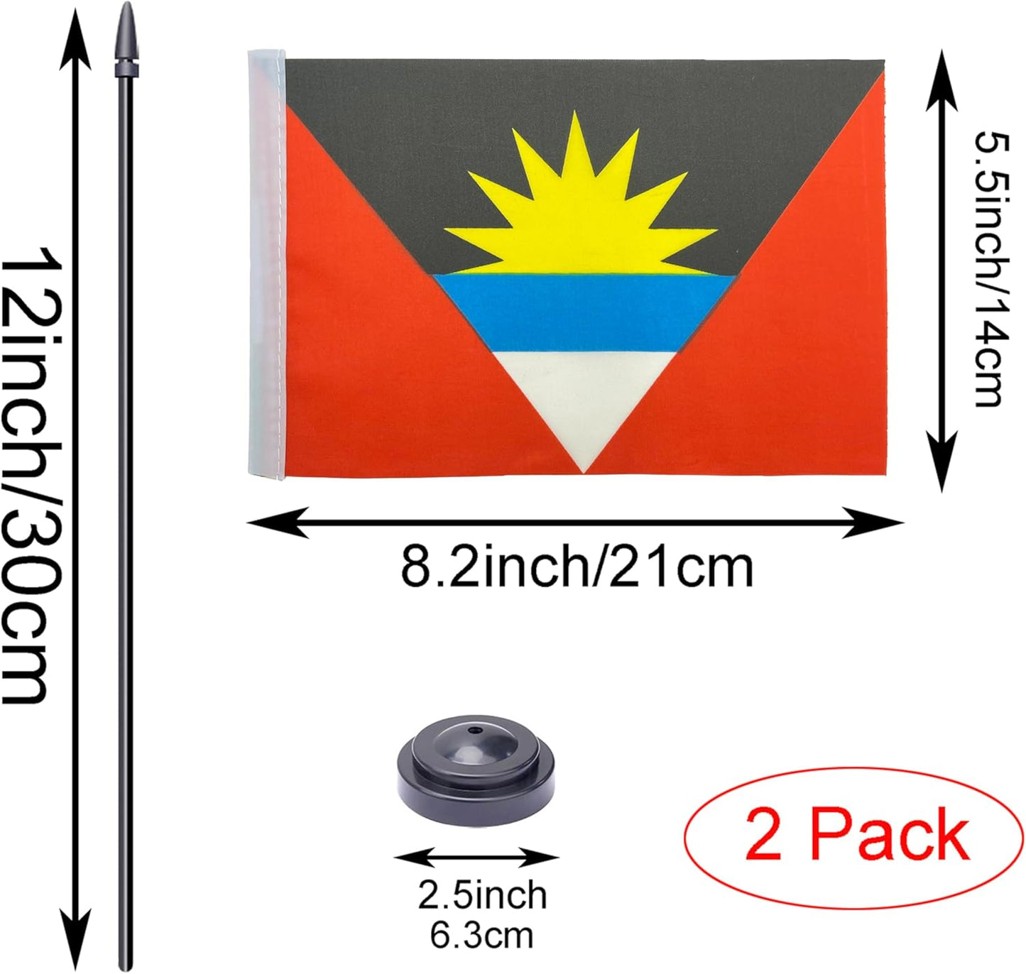 WXTWK 2 Pack Antigua and Barbuda Flag Antigua and Barbuda Deluxe Desk Flag Set - Mini Small Antigua and Barbuda Table Office Flags with Black 12" Solid Pole Stand Base Classroom Meeting Desktop Decorations