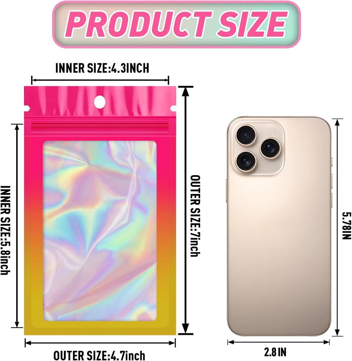 Funfery 100 Pack Gradient Holographic Bags,Mylar Resealable Bag with Zipper,Clear Window Packaging Pouchs,Smell Proof Foil Bag for Food Storage,Sample Jewelry Bags(4.7×7In,Hot Pink Orange)