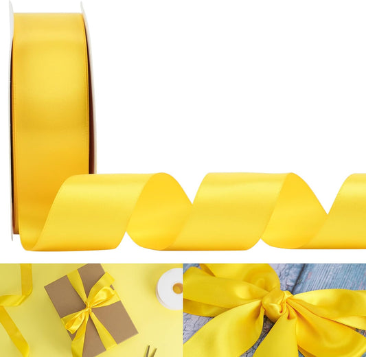 HUIHUANG Yellow Ribbon Satin 1-1/2" Wide Double Face Polyester Satin Ribbons for Crafts, Thick Silk Ribbon for Gift Wrapping Hair Bows Floral Bouquet Cake Box Thanksgiving Decor Party Favor-50 Yards