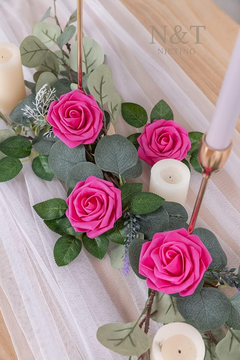 N&T NIETING Artificial Flowers, Foam Roses Perfect for DIY Wedding Bridal Bouquets Centerpieces Bridal Shower Party Home Flower Arrangement Decor 25Pcs, Hot Pink