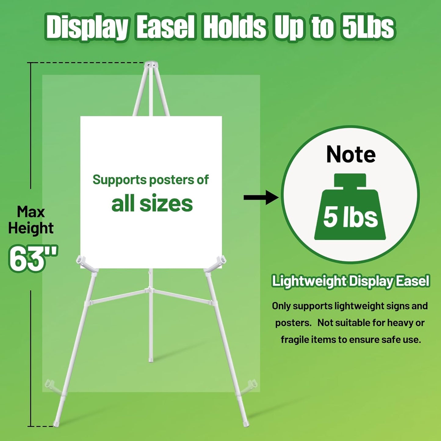 6 Pack White Easel Stand for Sign - 63" Adjustable Folding Floor Easels for Wedding Sign, Welcome Sign, Poster, Picture, Painting - Lightweight Portable Display Easels with Bags, Holds 5 lbs