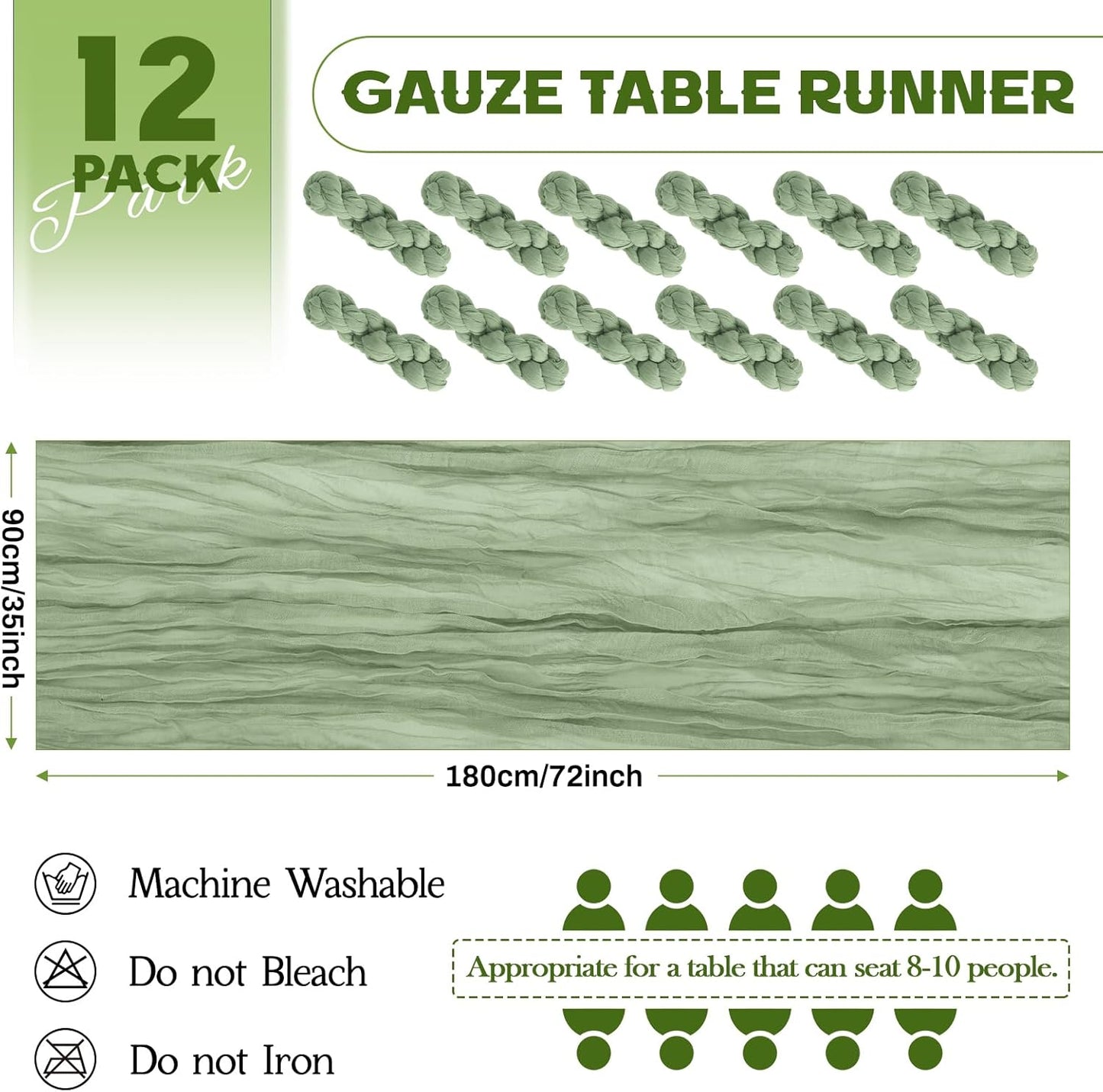 Aktor 12 Pack Sage Green Table Runner Boho Cheesecloth Table Runner Semi Sheer Gauze Fabric Runners for Wedding Birthday Baby Shower Party Boho Table Decoration（Sage Green）