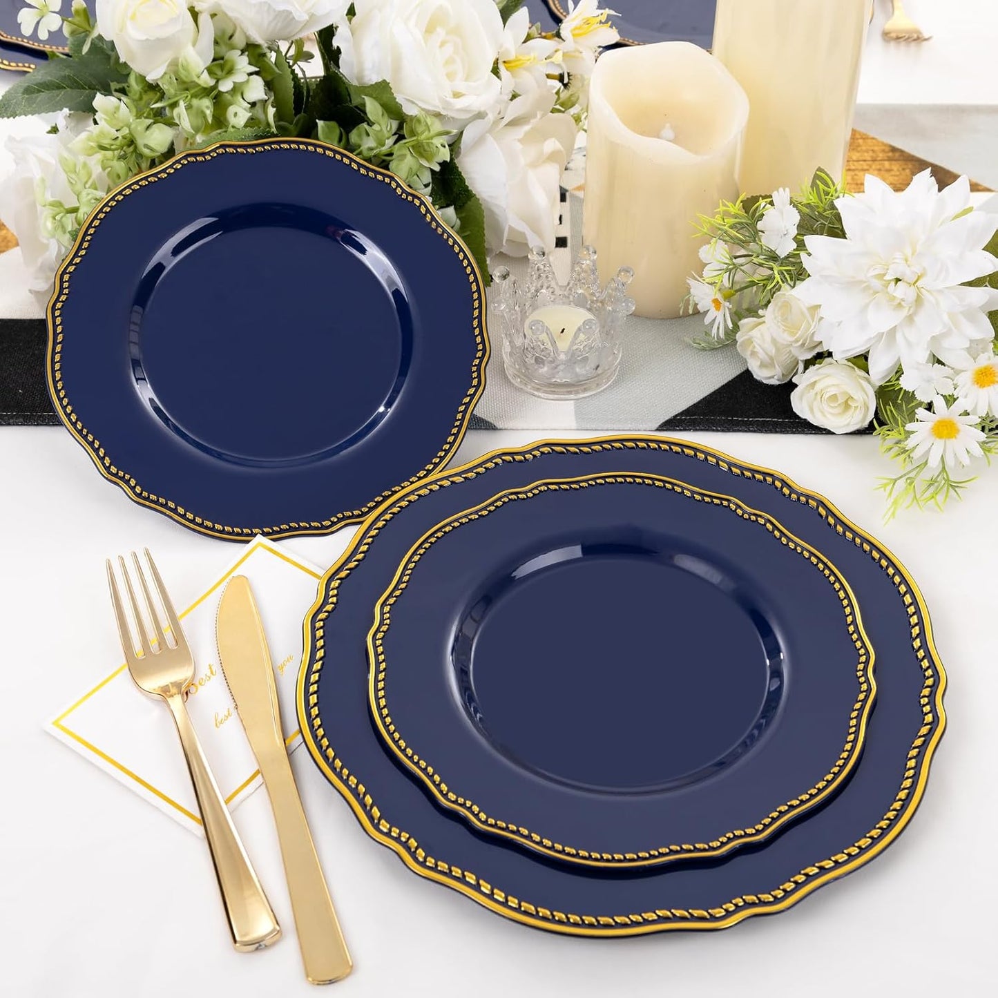 Hioasis 60pcs Blue Plastic Plates - Blue and Gold Disposable Dinnerware with Gold Rim, Heavy-duty, 10.25 inch, Dinner Plates for Party & Wedding