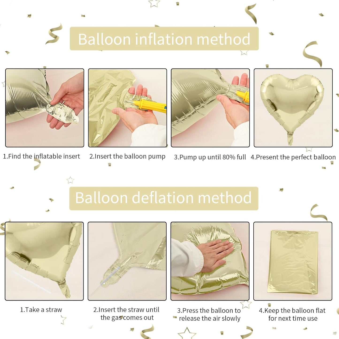 Biapian Pastel Gold Heart Balloons - 10 Pcs, 18 Inch, White Foil, Helium for Valentine's Day, Birthday, Wedding, Baby Shower Decoration