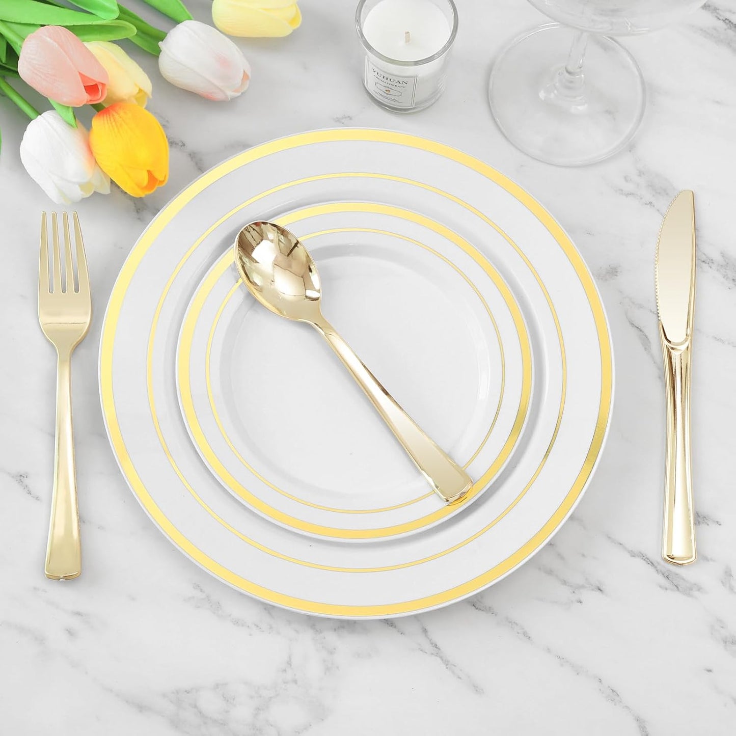 BESTVIP 50 Pack 6.9 Inch Gold Plastic Spoons, Heavy Duty Plastic Silverware, Heavyweight Gold Disposable Spoons, Disposable Serving Utensils for Catering, Parties, Dinners, Weddings, Christmas