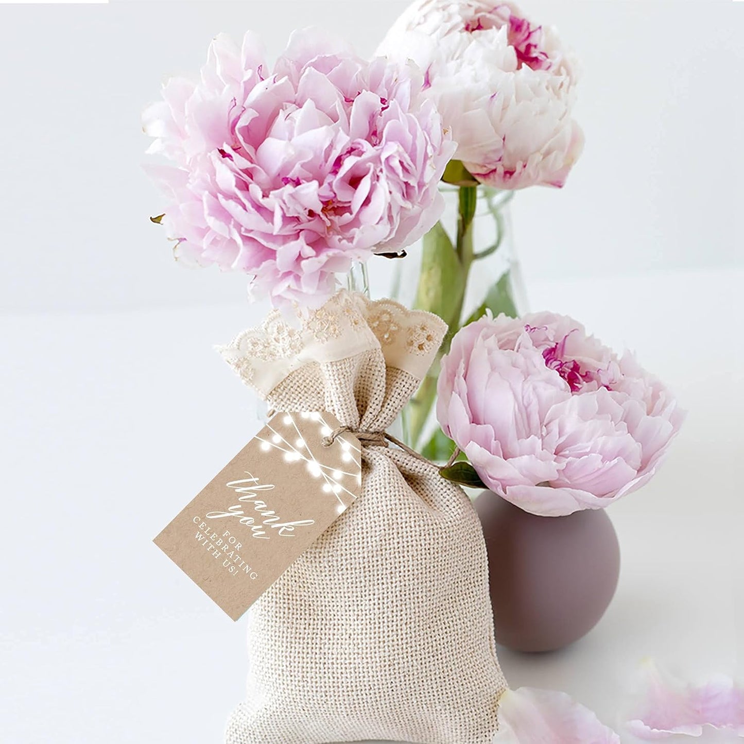 Andaz Press 100-Pack Thank You For Celebrating With Us Favor Tags Rustic String Lights Cardstock Gift Tags with Bakers Twine for Wedding Baby Shower Bridal Shower Birthday Party Favors 2 x 3.75-Inches