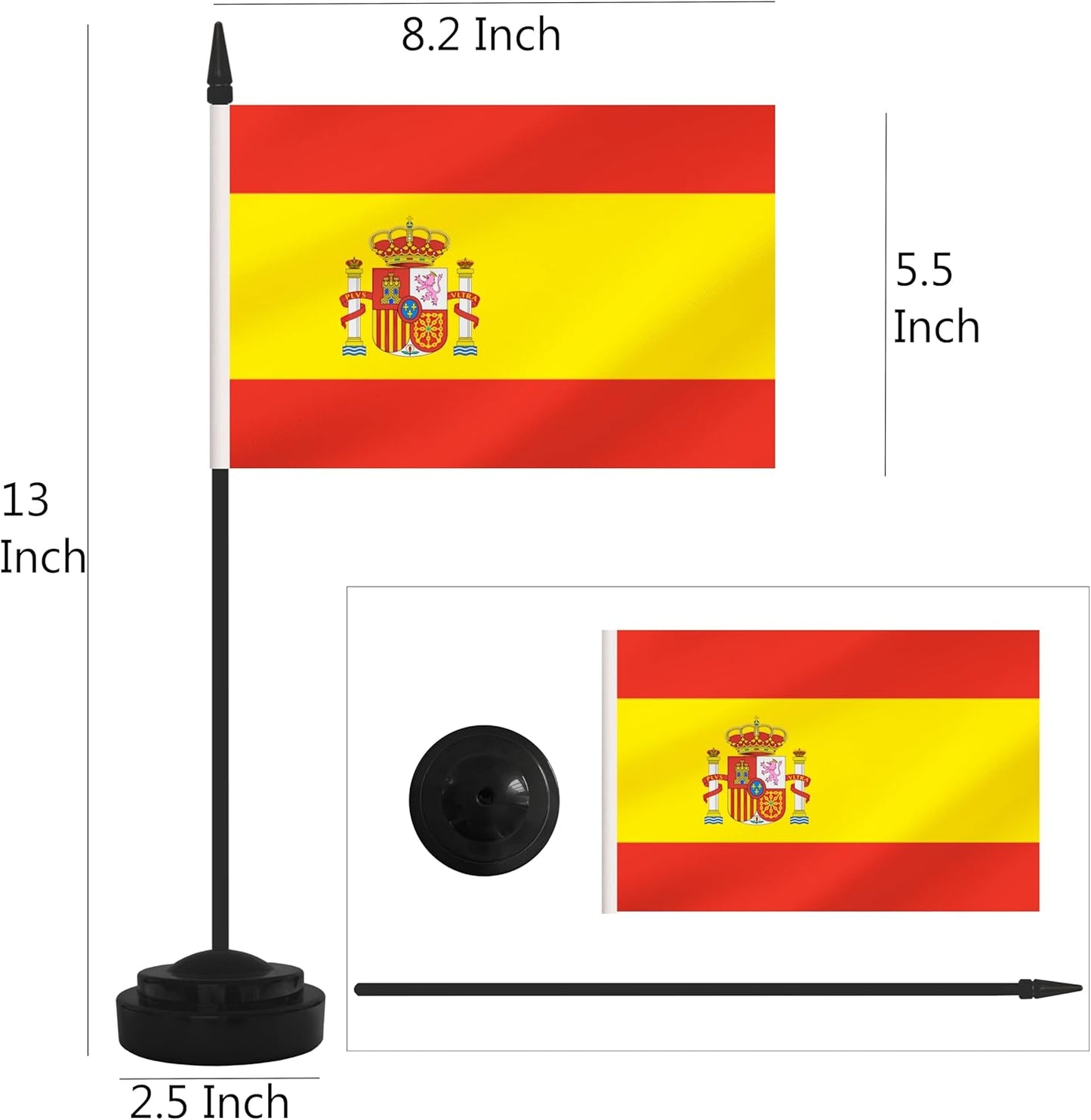 2 Pack Spain Desk Flag Set, Spanish Desktop Small Miniature Table Office Flag with 12" Black Pole and Black Base, Offices, Classroom, Home, Festival Decoration (Spain)