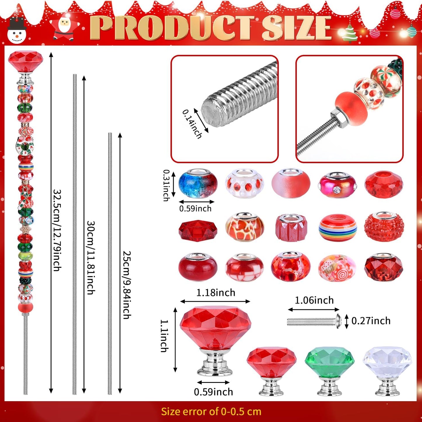DIY Fairy Wand Garden Beads Stakes Wands Kit,Multiple Color Scheme European Beads Crystal Diamond Tops and 12 or 10 Inch Threaded Rods,Stainless Steel Stakes with Diamond Toppe(red+green+white)