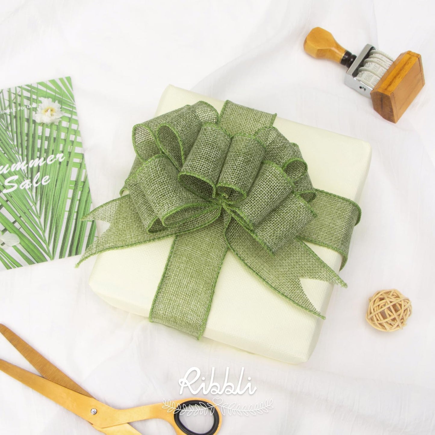 Ribbli Sage Green Burlap Wired Ribbon, 1-1/2” Inch x Continuous 20 Yard, Spring Moss Wired Ribbon for Wreaths,Big Bows,Tree Decoration,Outdoor Decoration