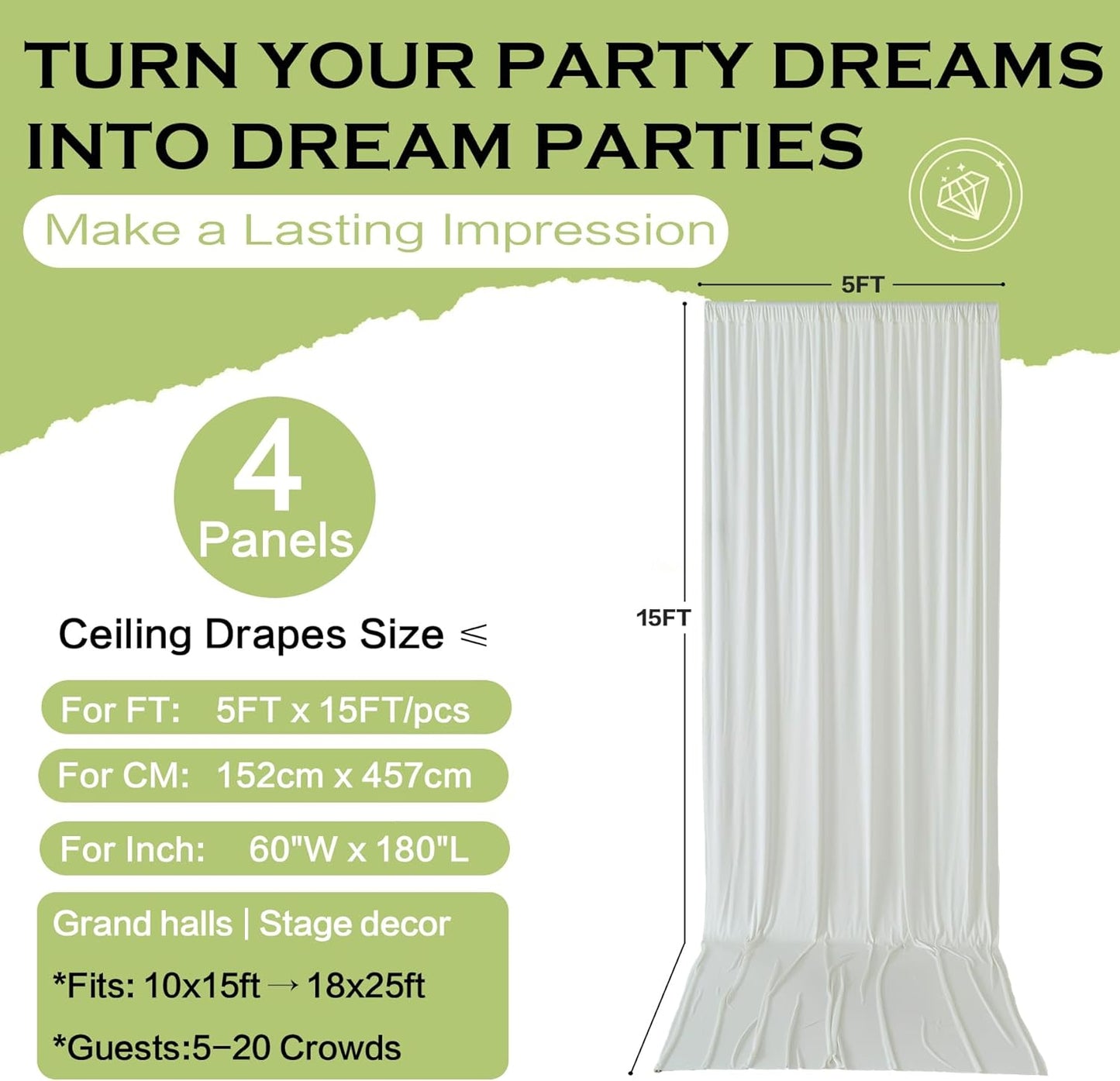 PartyVillage 20ft×15ft Ivory Backdrop Curtain for Wedding Parties, 4 Panels Wrinkle Free 15 FT Long Polyester Photo Backdrop Drapes Back Drop Cloth for Birthday Photography Background