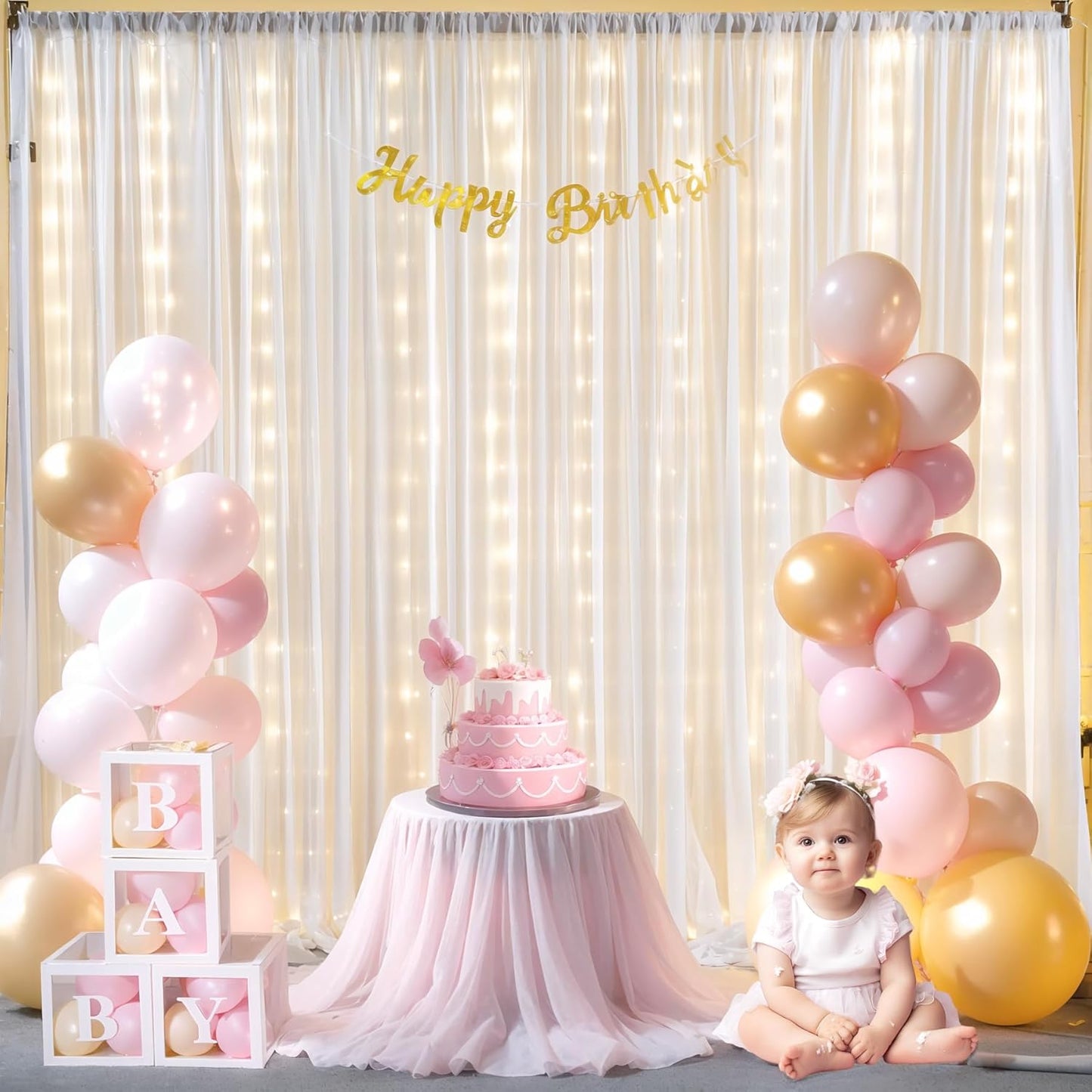 10x10ft White Sheer Backdrop Curtain with Lights String for Wedding, Fairy Light Up Curtain Backdrops for Baby Shower, Chiffon Photo Backdrop Drapes for Birthday Party Photo Shoot (5 x 10ft,2 Panels)
