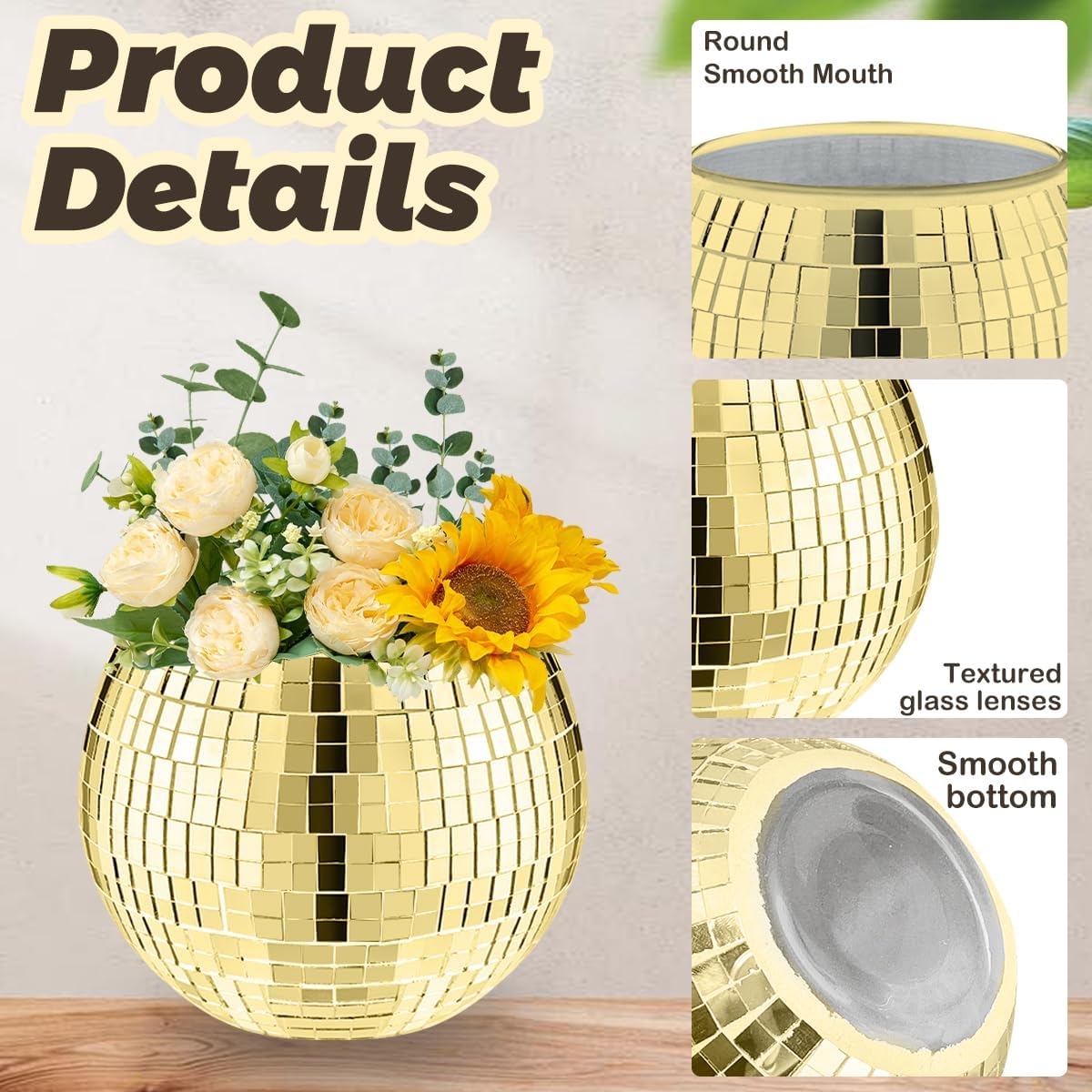 8 PCS Disco Ball Vase,Glass Disco Ball Planter Candle Holder Vase Bulk Mirror Disco Ball Flower Vase for Wedding Centerpieces,Birthday,Office,Bedroom(Gold)