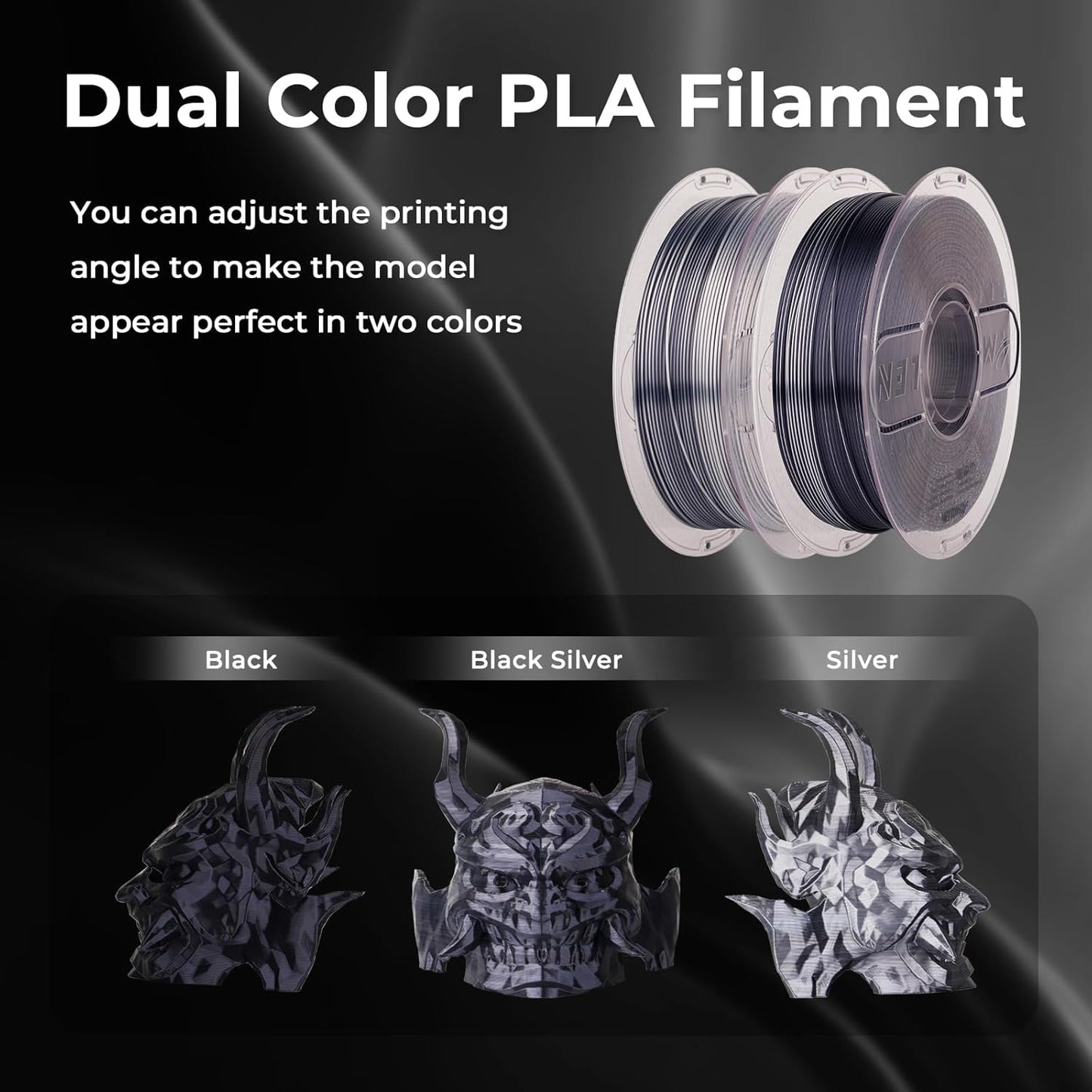 AMOLEN Silk PLA 3D Printer Filament, Dual Color Black Silver PLA 1.75mm, Shiny Color Change Filament 3D Printing PLA Filament for Most FDM 3D Printer, 1kg Spool(2.2lbs)