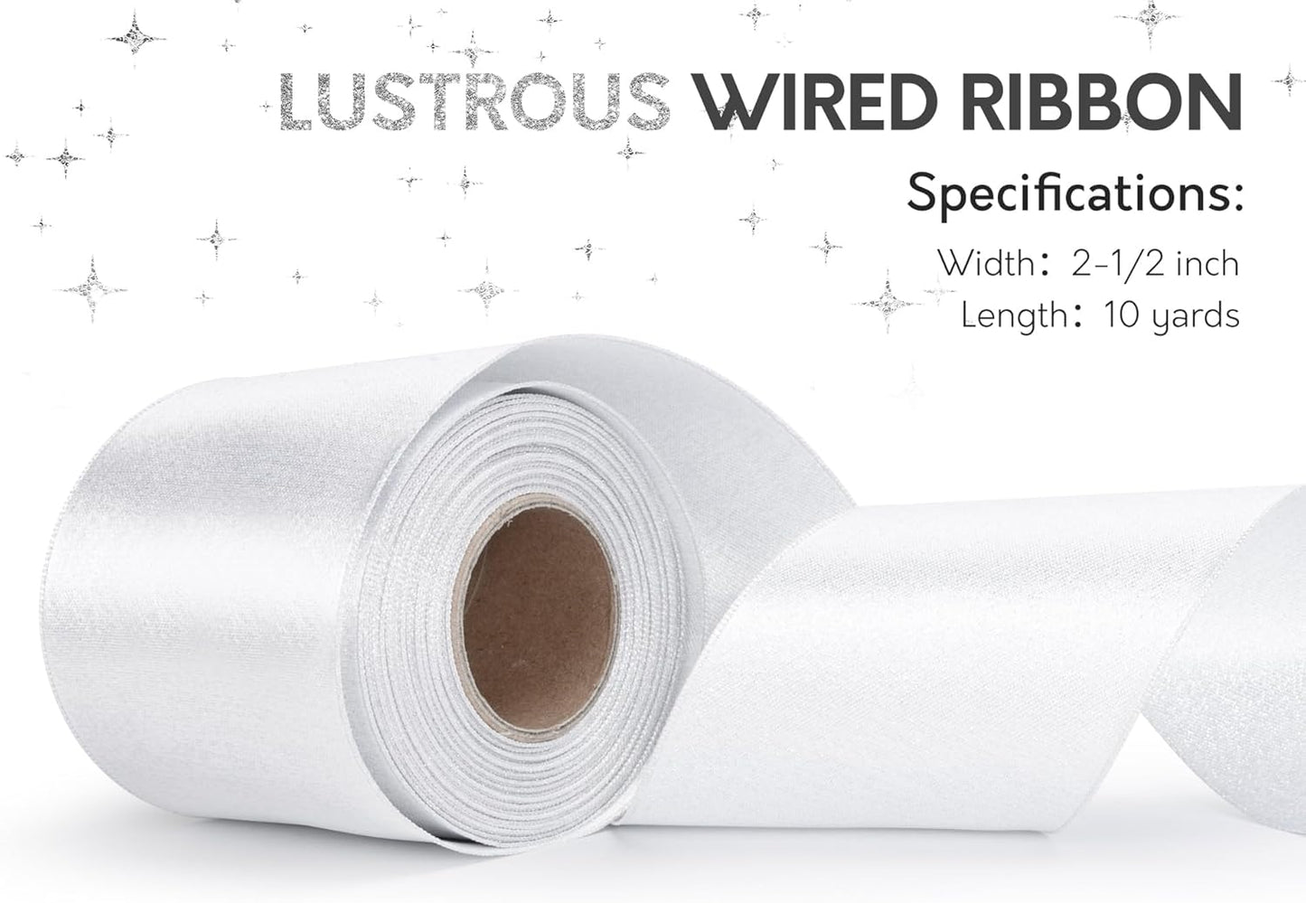 White Satin Wired Ribbon 2-1/2 Inch Double-Faced Sliver Glitter Christmas Ribbons for Wreath, Tree Decoration, Gift Wrapping, Home Decor 10 Yards