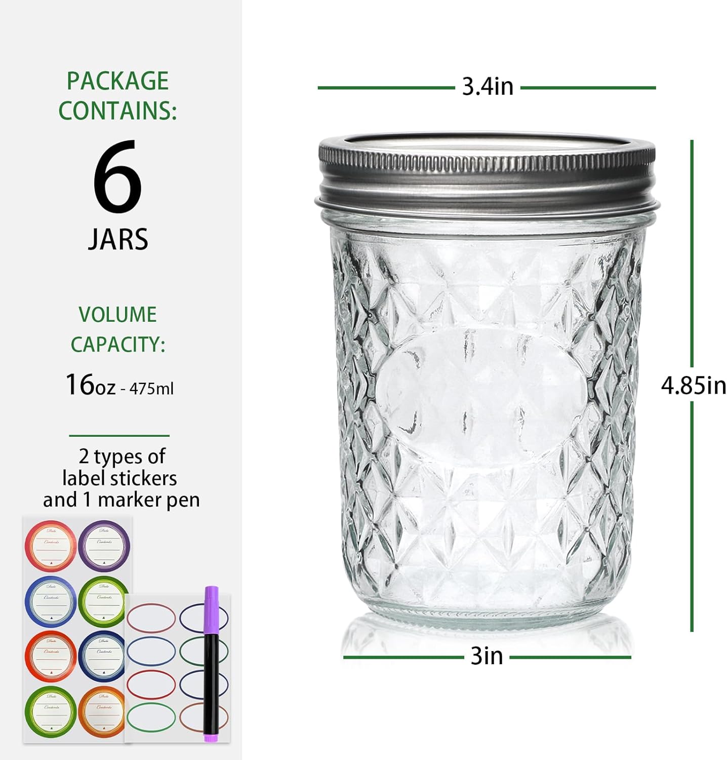 Mason Jars 16oz,Canning Jars with Metal Airtight Lids and Bands,Wide Mouth Mason Jars Ideal for Spice, Jam, Honey, Jelly, Yogurt, overnight oats,Meal Prep, Wedding Favors,6Pack