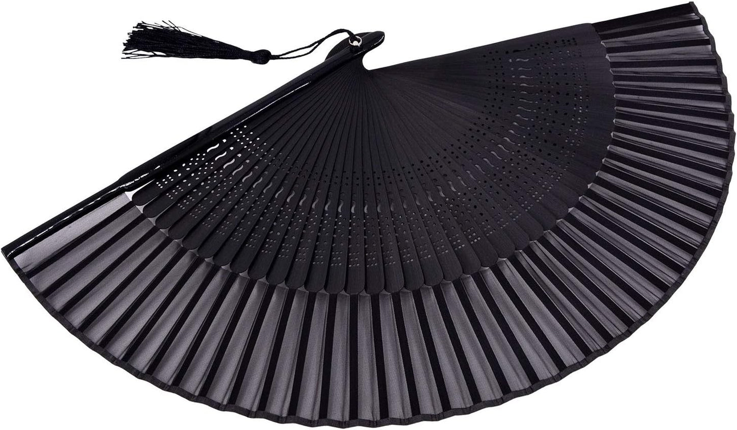 Amajiji 8.27"(21cm) Hand Held Bamboo Silk Folding Fan Hand Fan,Chinese/Japanese Charming Elegant Vintage Retro Style,Women Ladys Girls Best Gifts (Black-2)