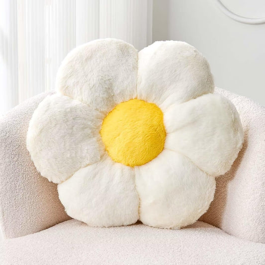 White Flower Plush Throw Pillow, Cute Decorative Flower Shaped with Faux Rabbit Fur, 14.9" Soft Throw Pillow for Bedroom Living Room