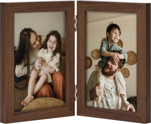 decorUhome Double 4x6 Picture Frame Vertical, Engineered Wood Bifold Photo Frame with Plexiglass for Tabletop Display, 4x6, Brown