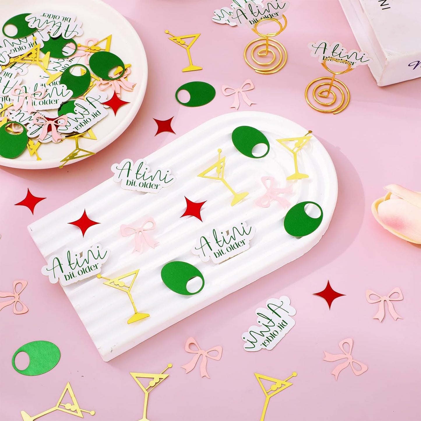 250Pcs A Tini Bit Older Party Decoration Martini Olive Bow Table Confetti 5 Designs Paper Scatter Sprinkle Confetti for Birthday Bach Party Cocktail Decor