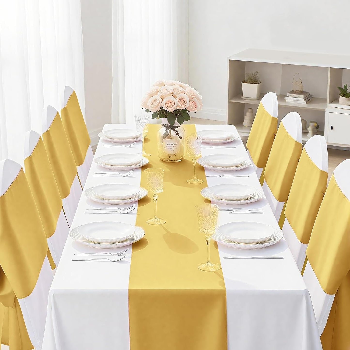 SHEJIZE 2 Pack Light Gold Satin Table Runner 12x108 Inches Long, Bright Silky Smooth Satin Table Runner Table Decor for Wedding Banquet Christmas Prom Event Birthday Party