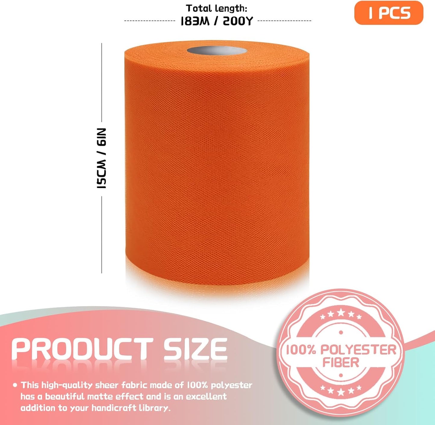 6" x 200 Yards Orange Tulle Fabric Rolls, Orange Spool Tulle Ribbon for DIY Tutu Skirt Wedding Decoration Baby Shower Birthday Party Backdrop Gift Wrapping Bow Craft Supplies