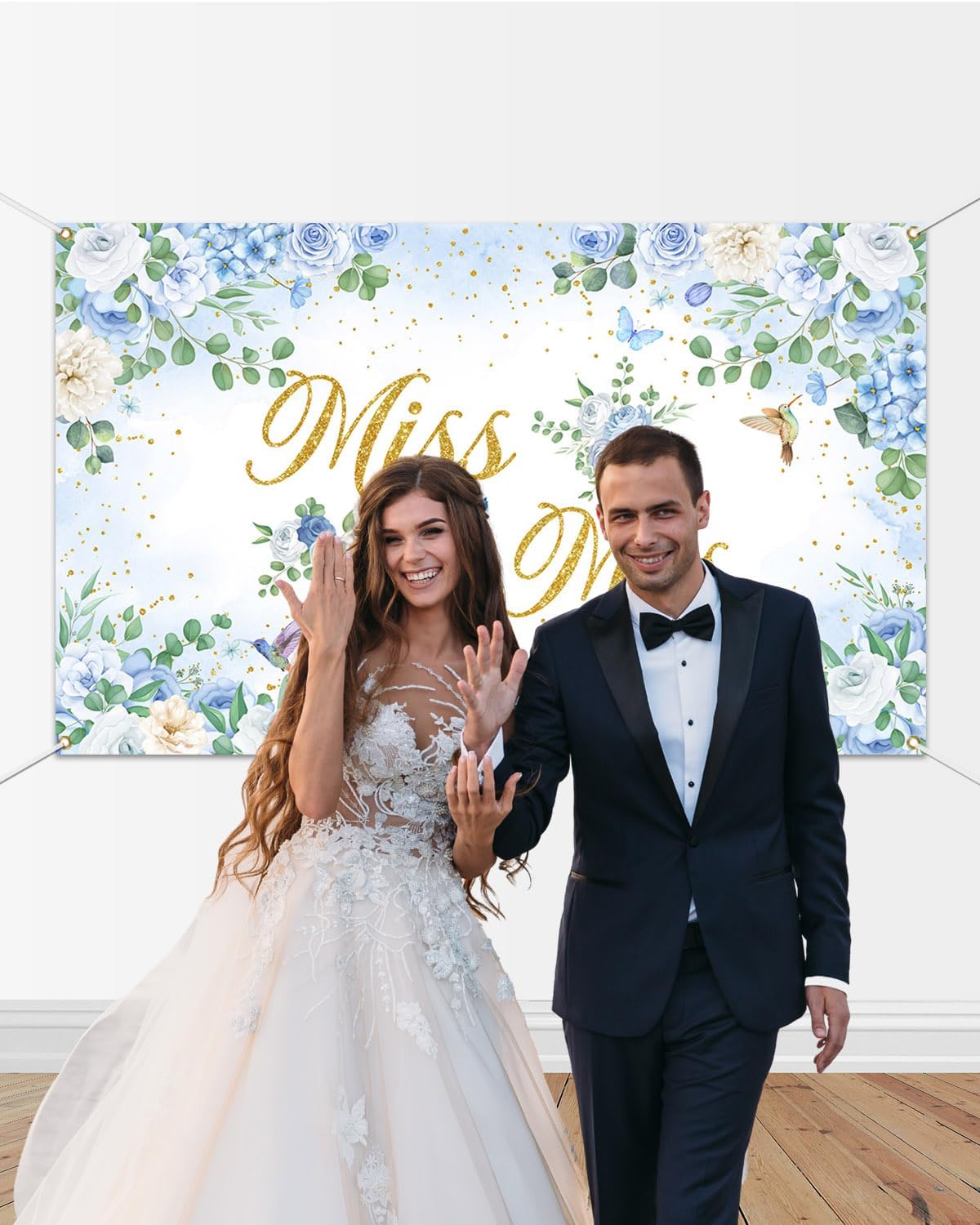 Mocsicka Miss to Mrs Banner Blue Floral Gold Dots Bridal Shower Party Decorations Banner for Wedding Engagement Bachelorette Party Backdrop for Photography Photo Booth Props (Blue, 70.8x43.3 inch)