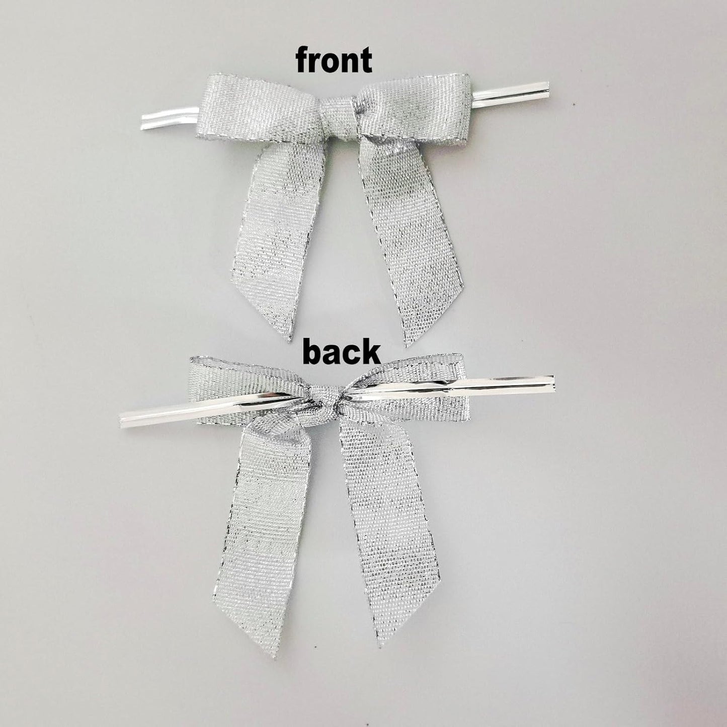 50pcs 2-1/2" Metallic Satin Silver Bows for Crafts Pretaied Christmas Bows with Twist Ties Hot Cut Tails for Christmas Decoration (Silver)