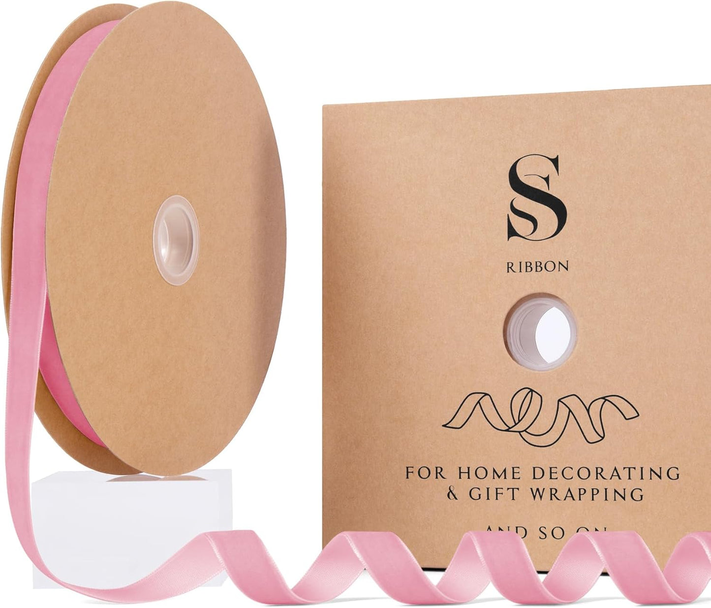 Pink Christmas Velvet Ribbon for Tree, Gift Wrapping, Flower Bouquet, Wreath Decorations, Bow Making 5/8'', 25 Yards