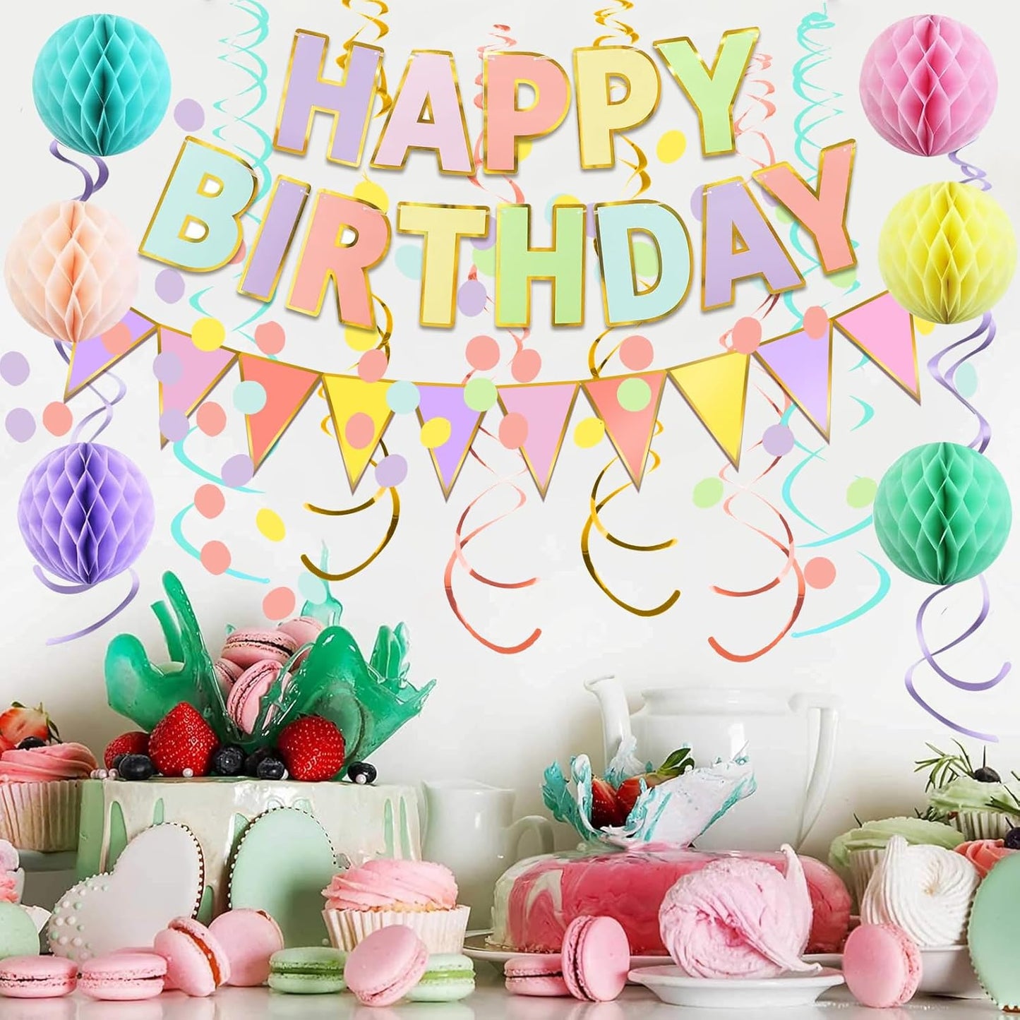 Fecedy Macaron Superlarge Alphabet Happy Birthday Banner Colorful Flag Bunting Circle Confetti Garland Swirl Streamers Honeycomb Ball for Birthday Party Decorations