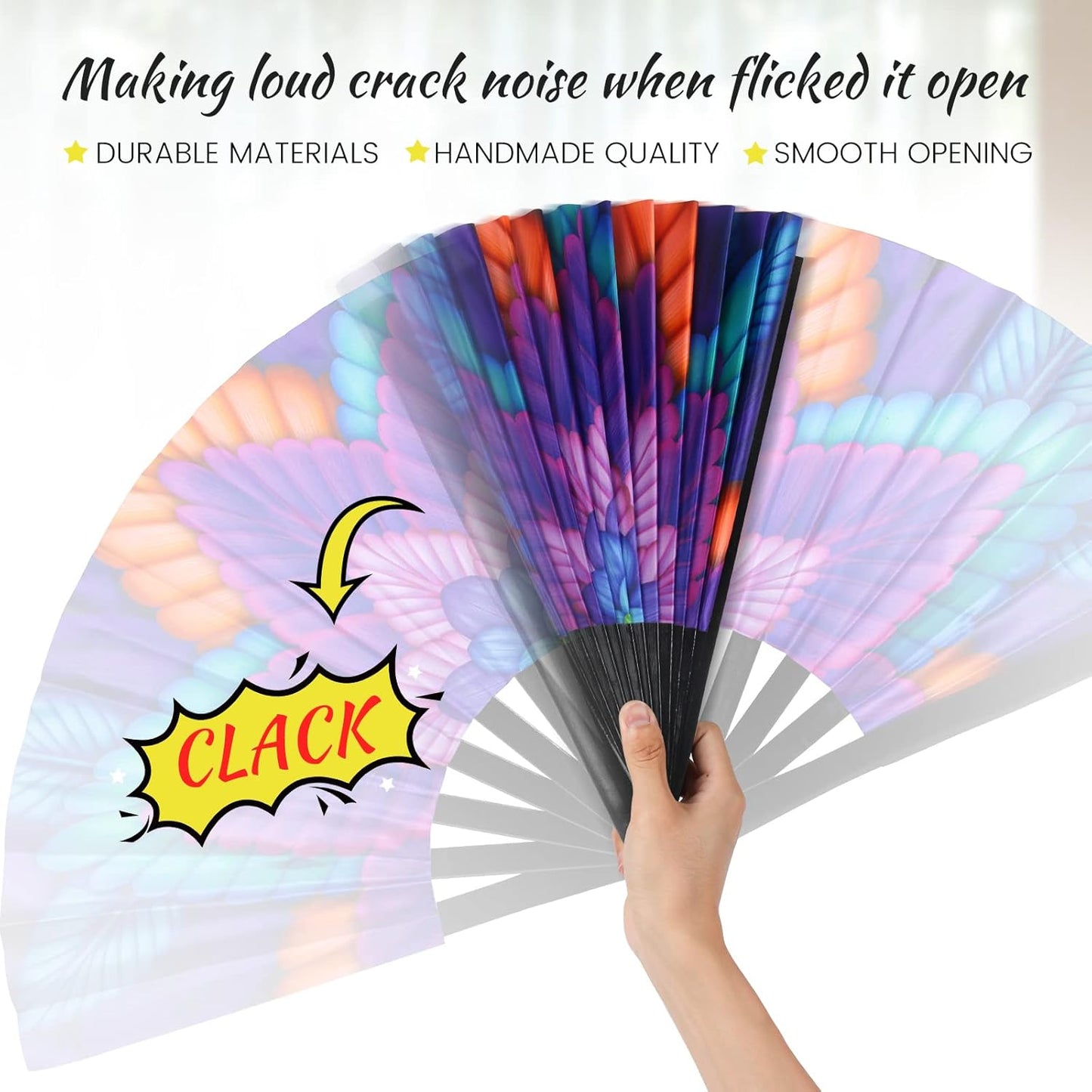 SYNTECSO Folding Hand Fan for Rave, UV Glow Fan, Large Bamboo Fan for Drag Queen, Women and Men Gift，Chinese Japanese Clack Fan for Parties, Music Festivals, EDM and Decoration