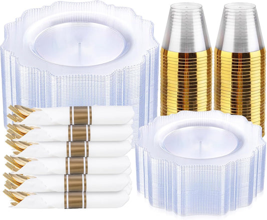 COLOSUS 350pcs Clear Plastic Plates Disposable Gold Cutlery Dinnerware set for party: 50 Dinner Plate, 50 Dessert Plate, 50 Per Rolled Napkins with Gold Silverware, 50 Cups 9 OZ for Wedding & Party