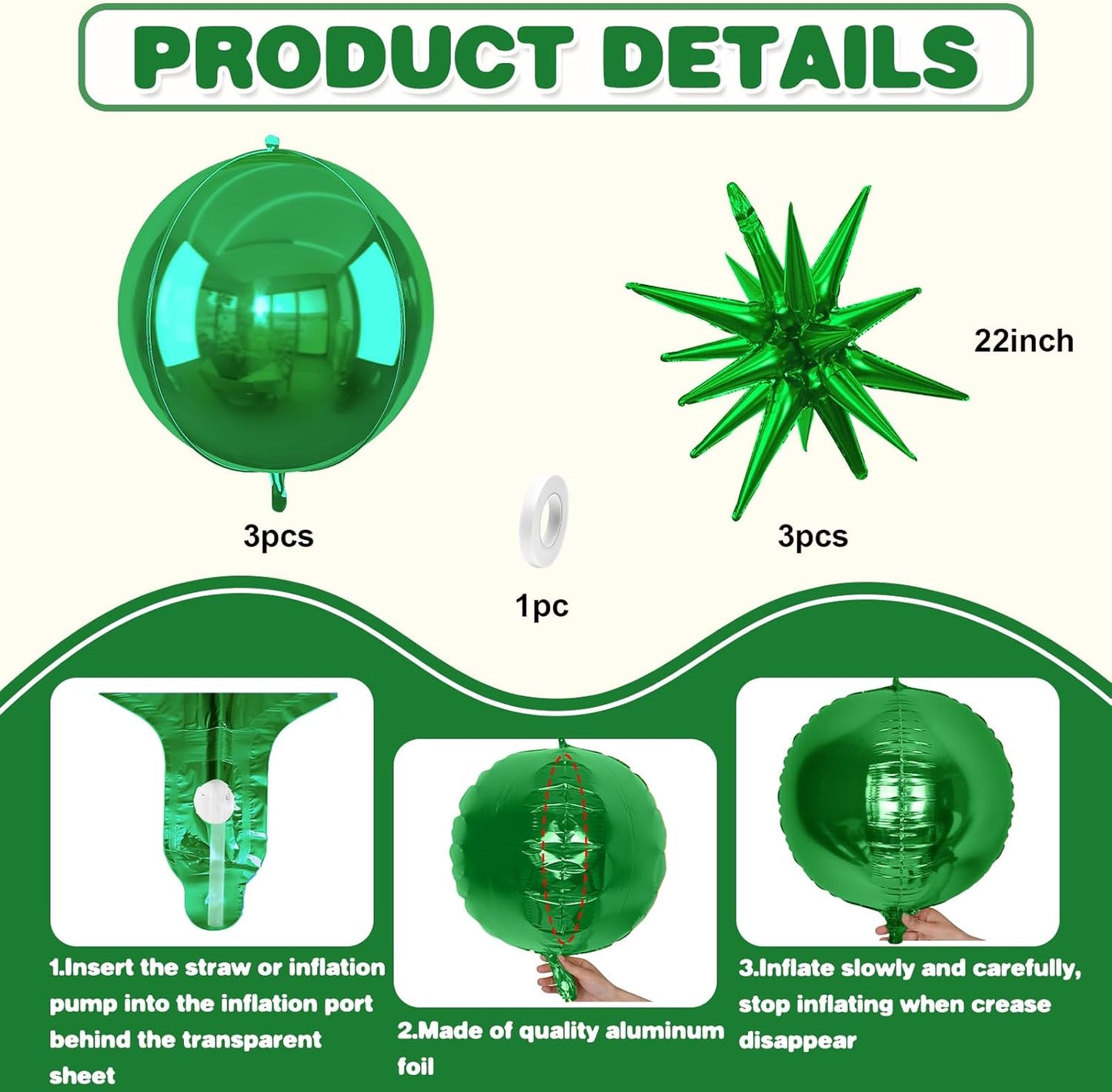 6Pcs Green Foil Balloons,22Inch Dark Green 4D Round Ball Balloon and Explosion Star Balloon for Halloween Birthday Wedding Baby Shower Anniversary Party Decorations