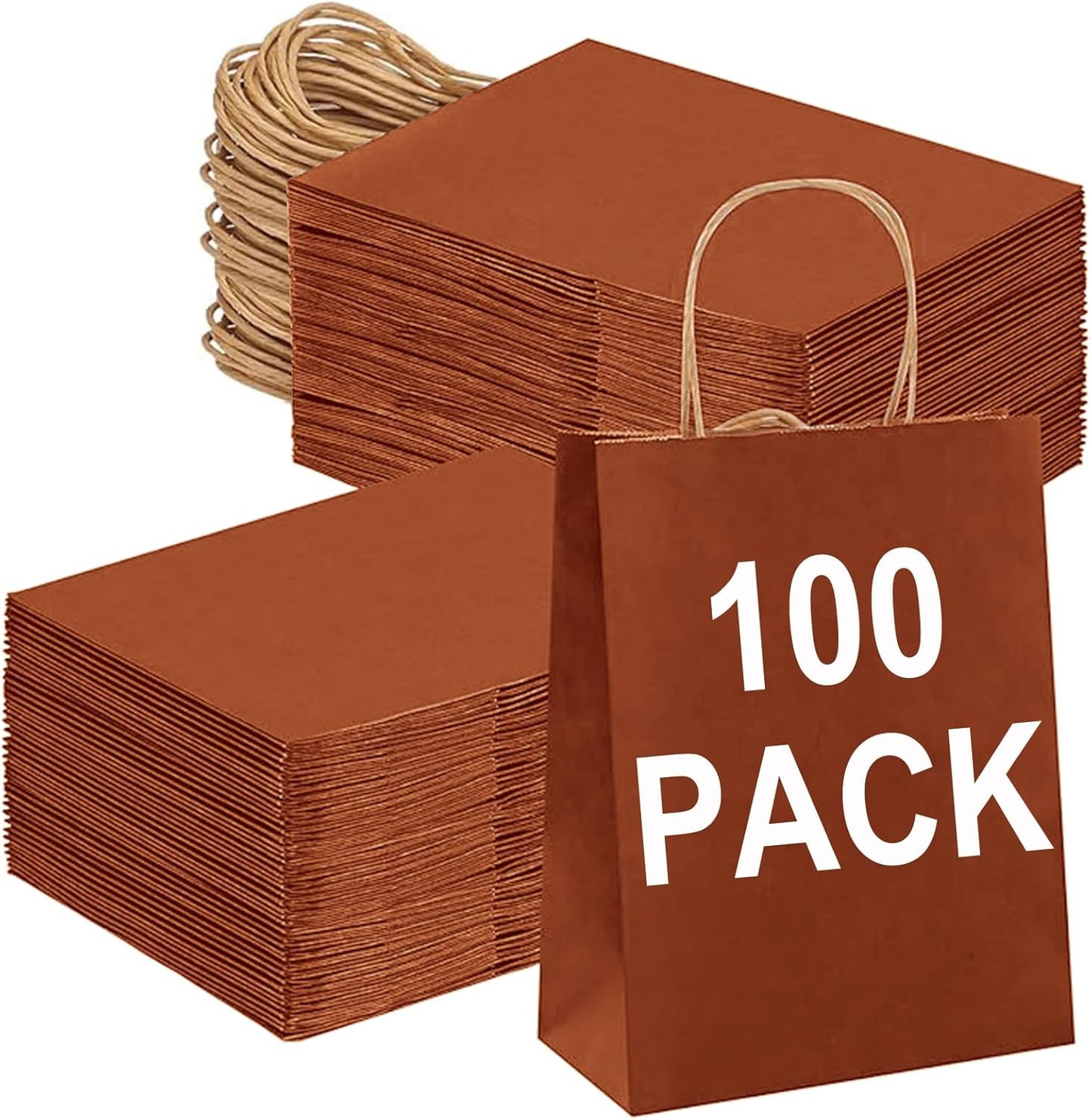 BAG BOX 100 Pack 5.9x3.1x8.25 Inch Orange Gift Bags with Handles,Bulk Kraft Paper Bags for Shopping, Retail, Merchandise, Wedding, Party Favors, Paper Grocery Sacks