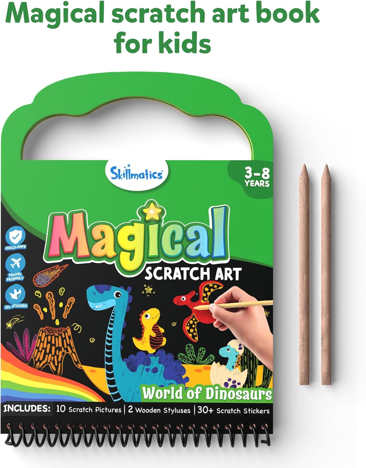 Skillmatics Scratch Art Book for Kids - Dinosaurs, Craft Kits & Supplies, 30+ Scratch Stickers, Travel Toys, DIY Kit, Gifts for Boys & Girls Ages 3, 4, 5, 6, 7, 8