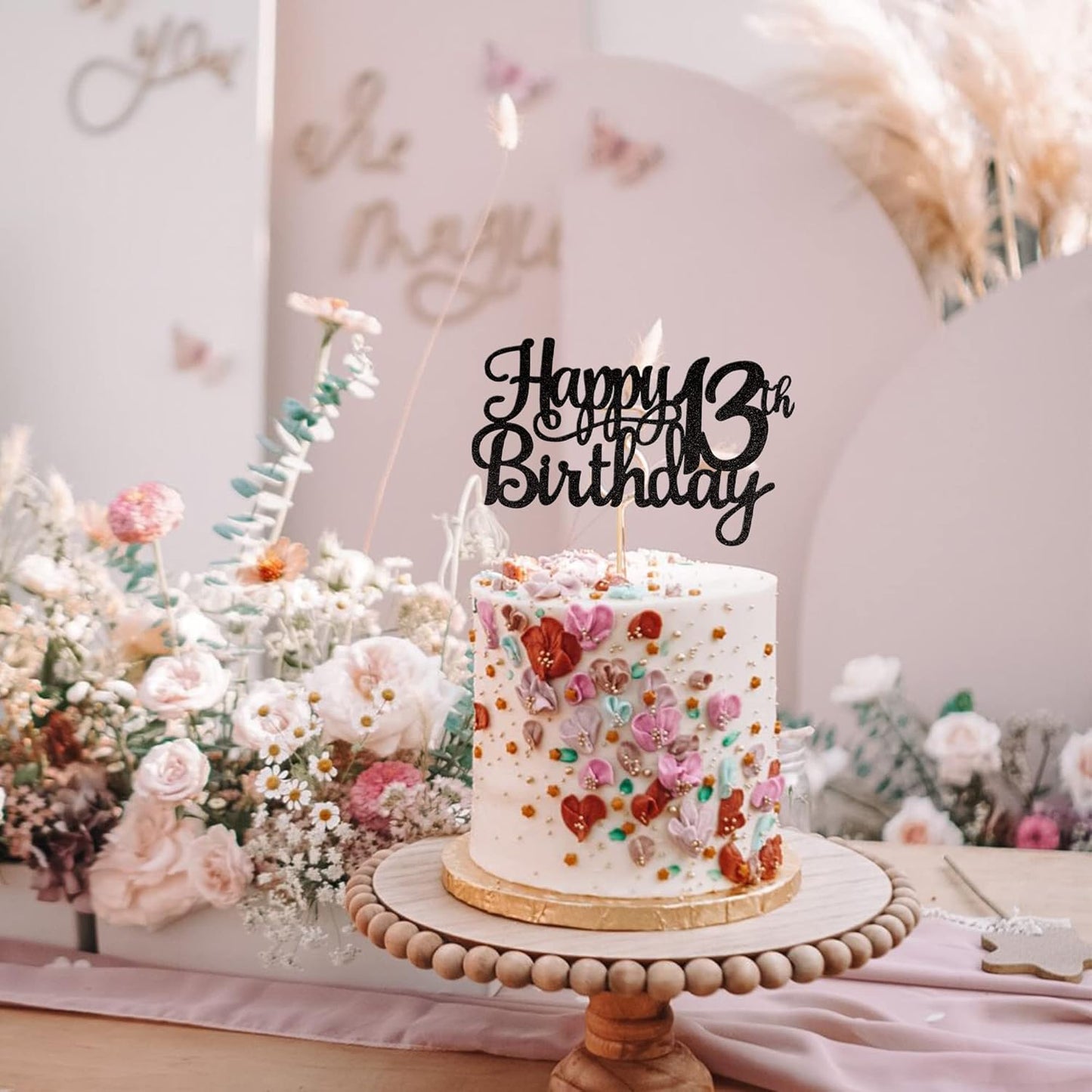 1 PCS Happy 13th Birthday Cake Topper Glitter Cheers to 13 Years Birthday Cake Pick Official Teenager 13 Fabulous Cake Decoration for Happy 13th Birthday Theme Party Decorations Supplies Black