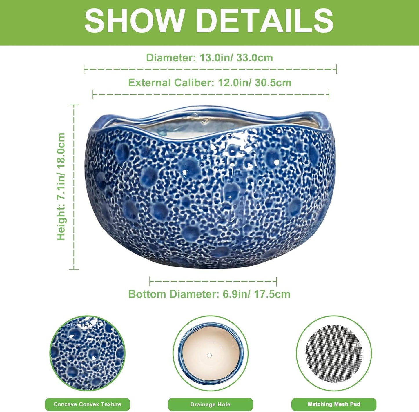 Bonsai Tree Pot - 13 Inch Large Ceramic Pots for Plants Indoor Outdoor, Round Planter, Decorative Flower Pot with Drainage Hole, Modern Unique Planter, Garden Decor Home, Garden Gifts, Blue