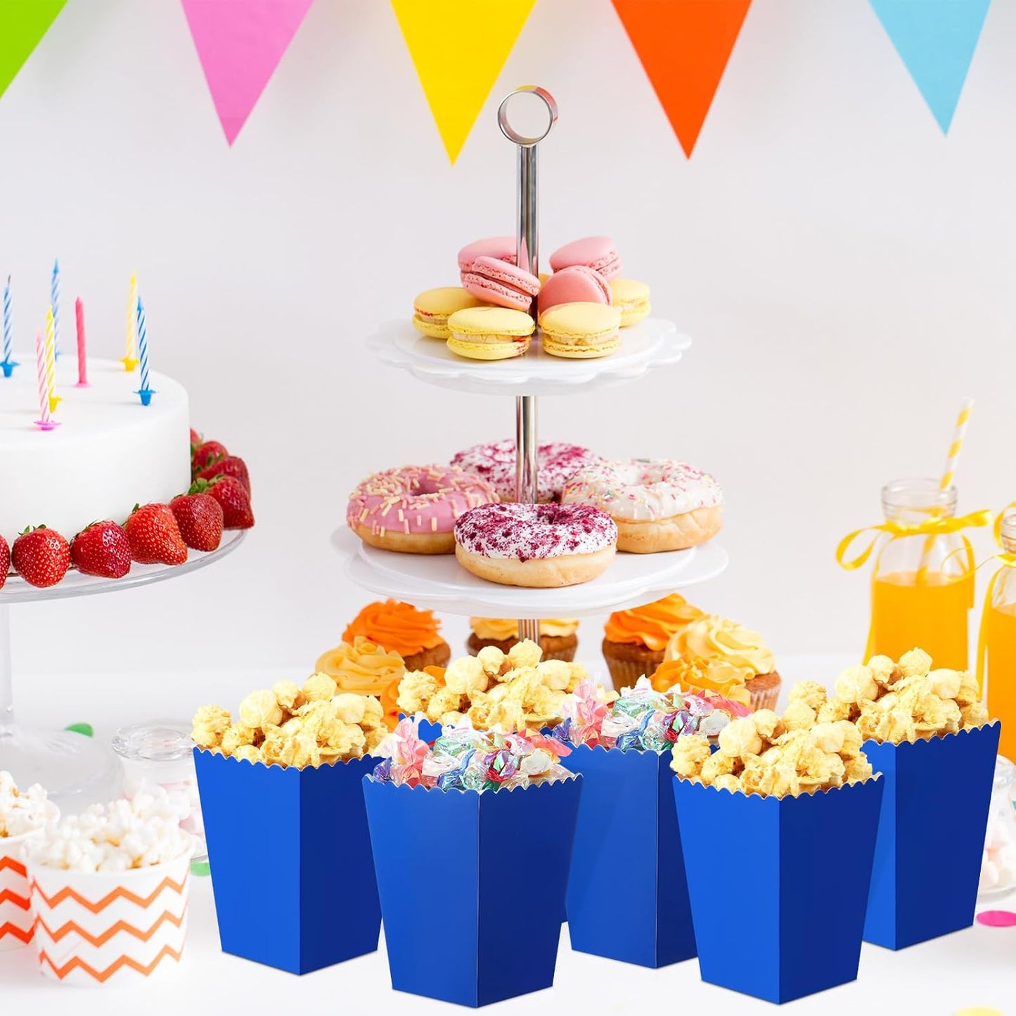 200 Pcs Popcorn Boxes Mini Paper Popcorn Box Cardboard Popcorn Container for Party Disposable Snack Candy Popcorn Bags Popcorn Holder for Birthday Wedding, 2.2 x 4.2 x 3 In (Navy Blue,Simple)