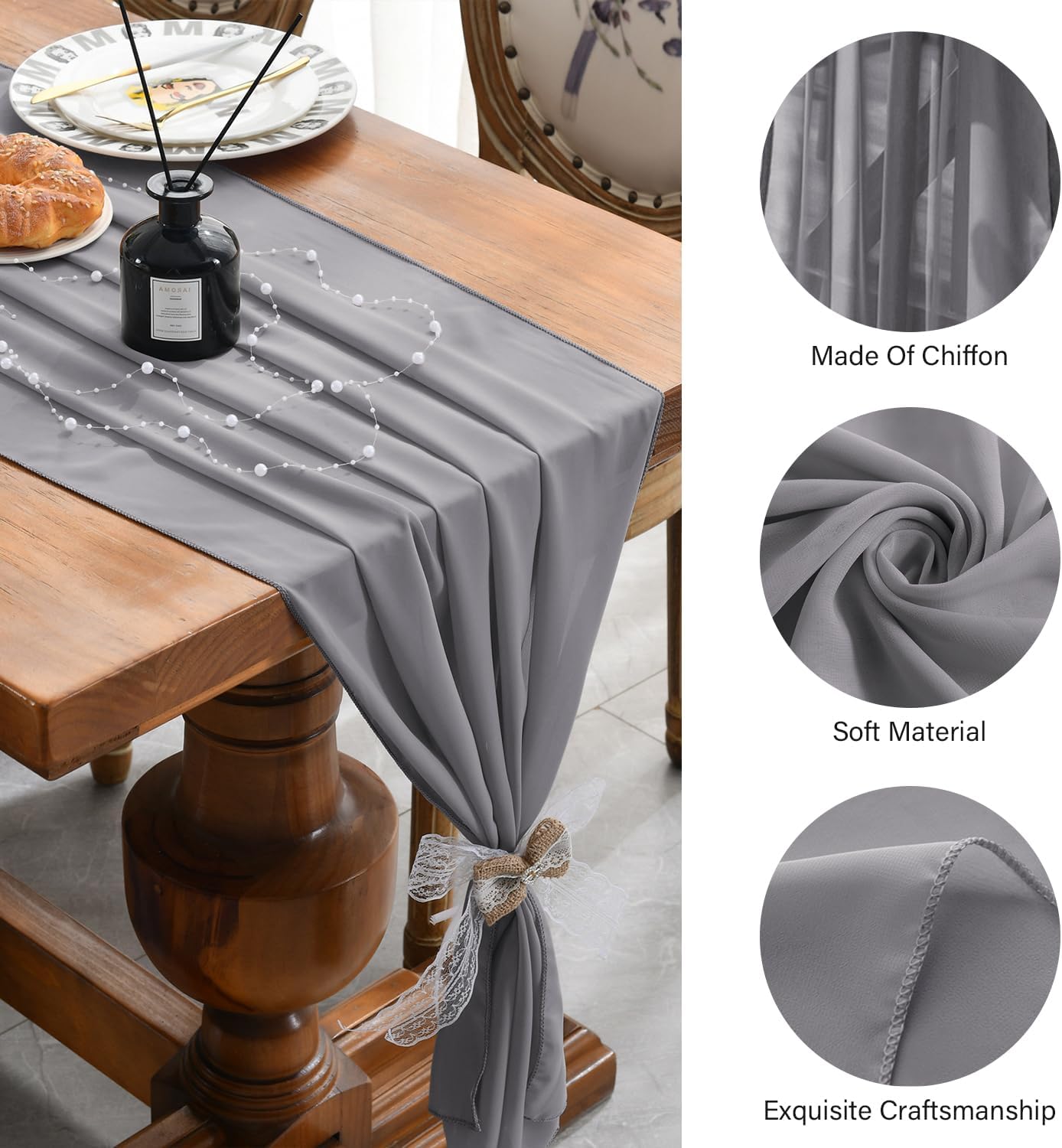 2 Pack 10 Ft Chiffon Table Runner Grey Gauze Long Table Runners 27x120 Inches Sheer Tulle Table Runner for Rustic Wedding Reception Bridal Shower Decorations Birthday Party