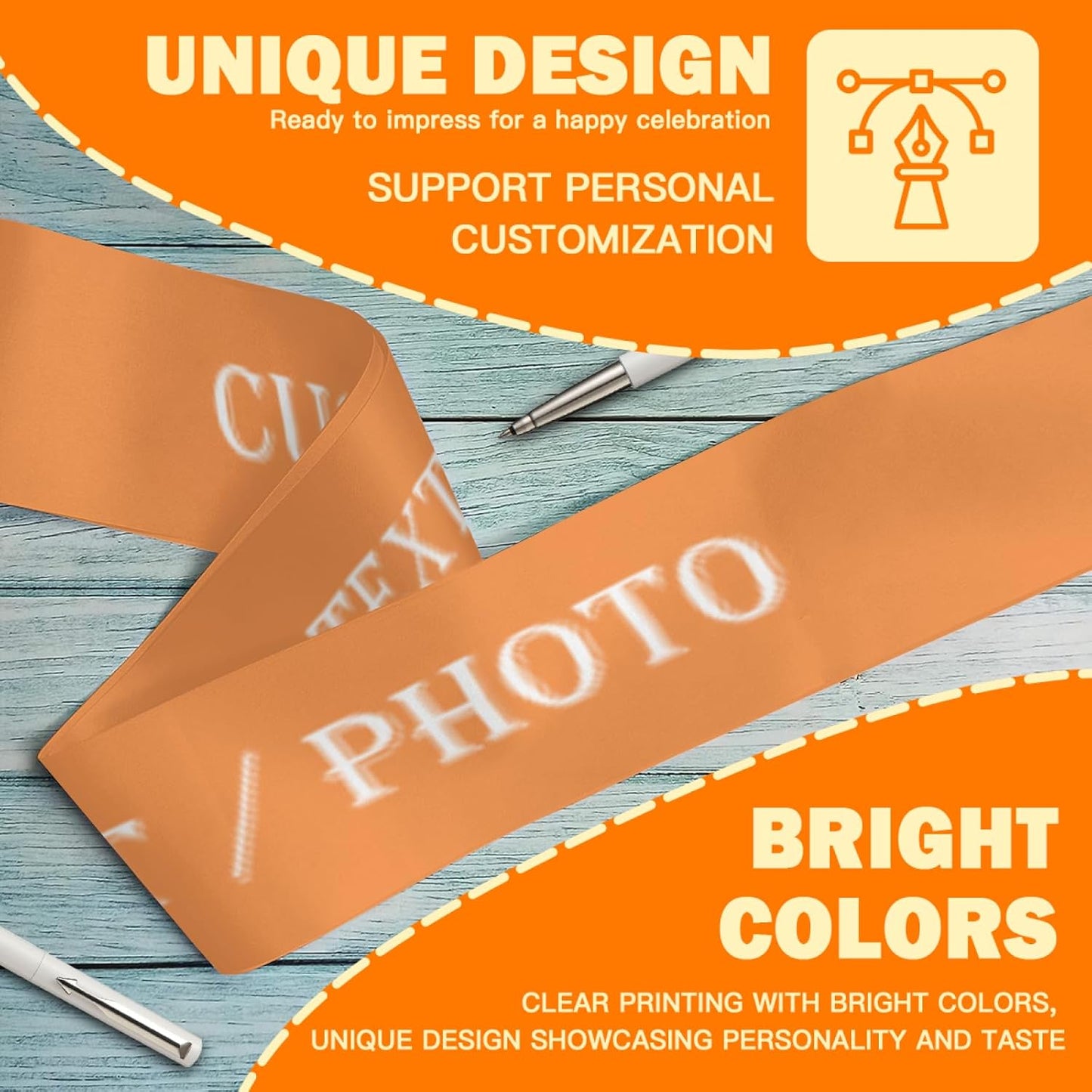Custom Sash,Personalized Birthday Sash with Text Photo,Customized Bachelorette Sash Quote Sash Bride to Be Sash Color Optional (No decorative edge, Orange)
