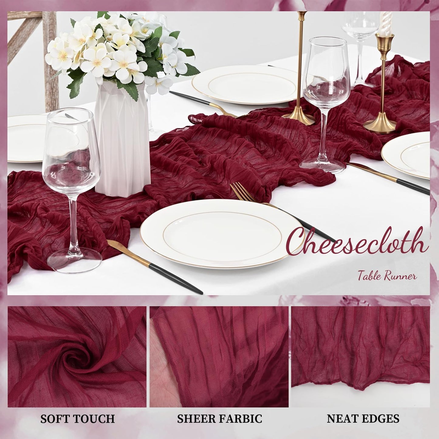 Burgundy 12 Pack Cheesecloth Table Runner 10FT Rustic Gauze Cheese Cloth Table Runner for Wedding Bridal Baby Shower Table Decor 20 x 120 Inch Long Boho Fabric Sheer Birthday Party Table Decorations