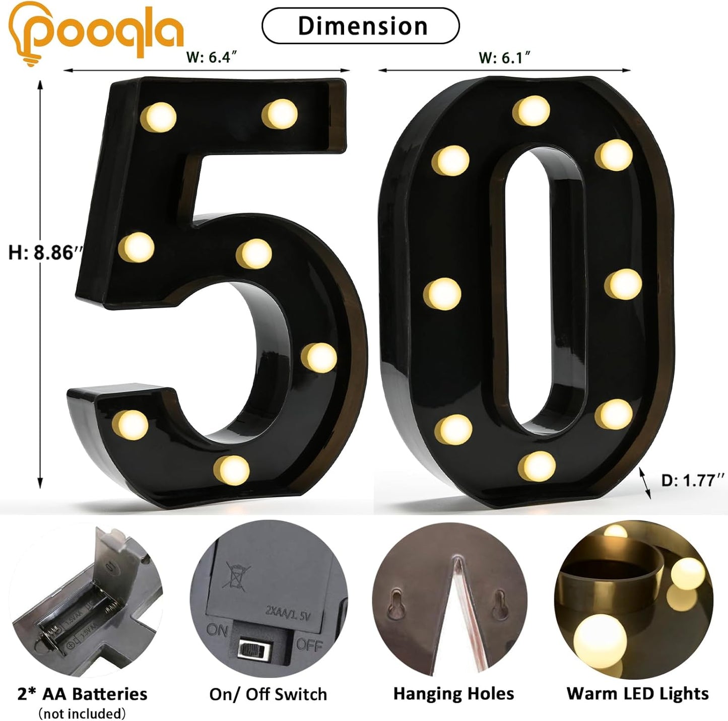 Pooqla Decorative Led Light Up Number Letters, Black Plastic Marquee Number Lights Sign for 50th Birthday Party Wedding Decor Battery Operated Black Decoration 50