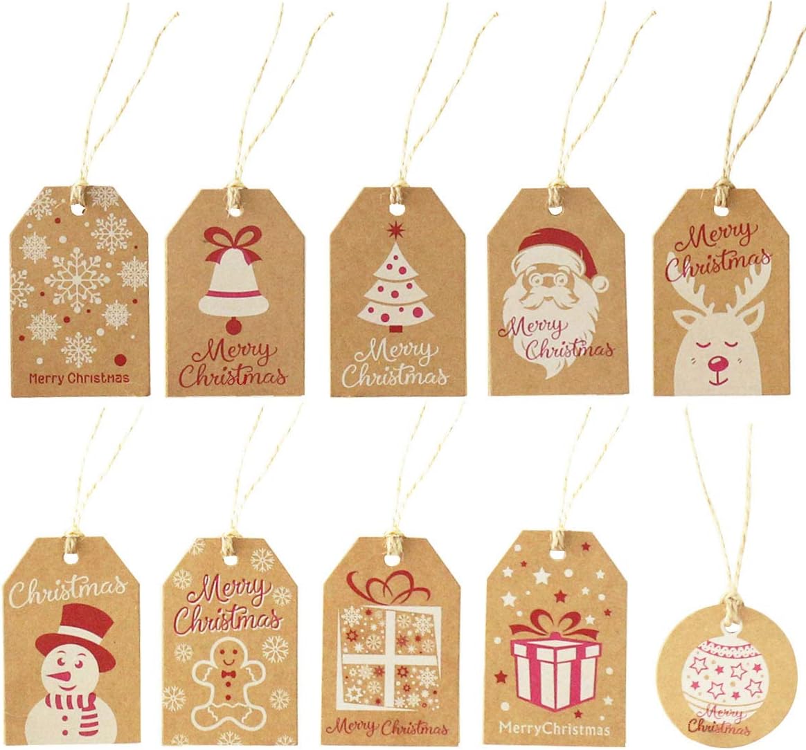 100 Pack Brown Kraft Paper Christmas Gift Tags， Xmas Brown Kraft Gift Tags with Jute Twine Baker Twine for DIY Xmas Holiday Present Wrap Stamp and Label Package Name Card