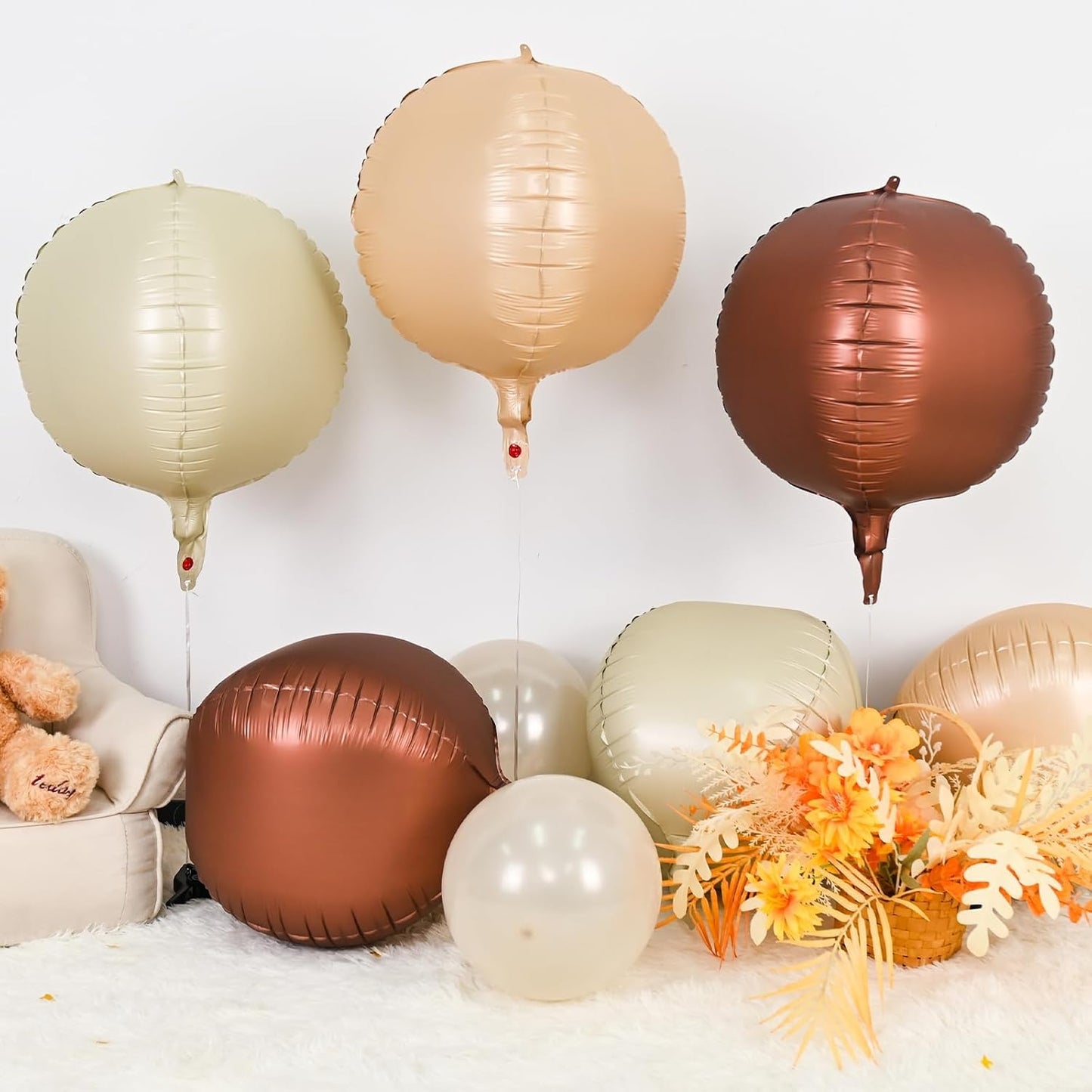 Sand White Brown Round Foil Balloons 6Pcs,Giant 4D Round Ball Balloons,22 Inch Boho Cream Nude Beige Balloon for Birthday Baby Shower Engagement Party Decorations