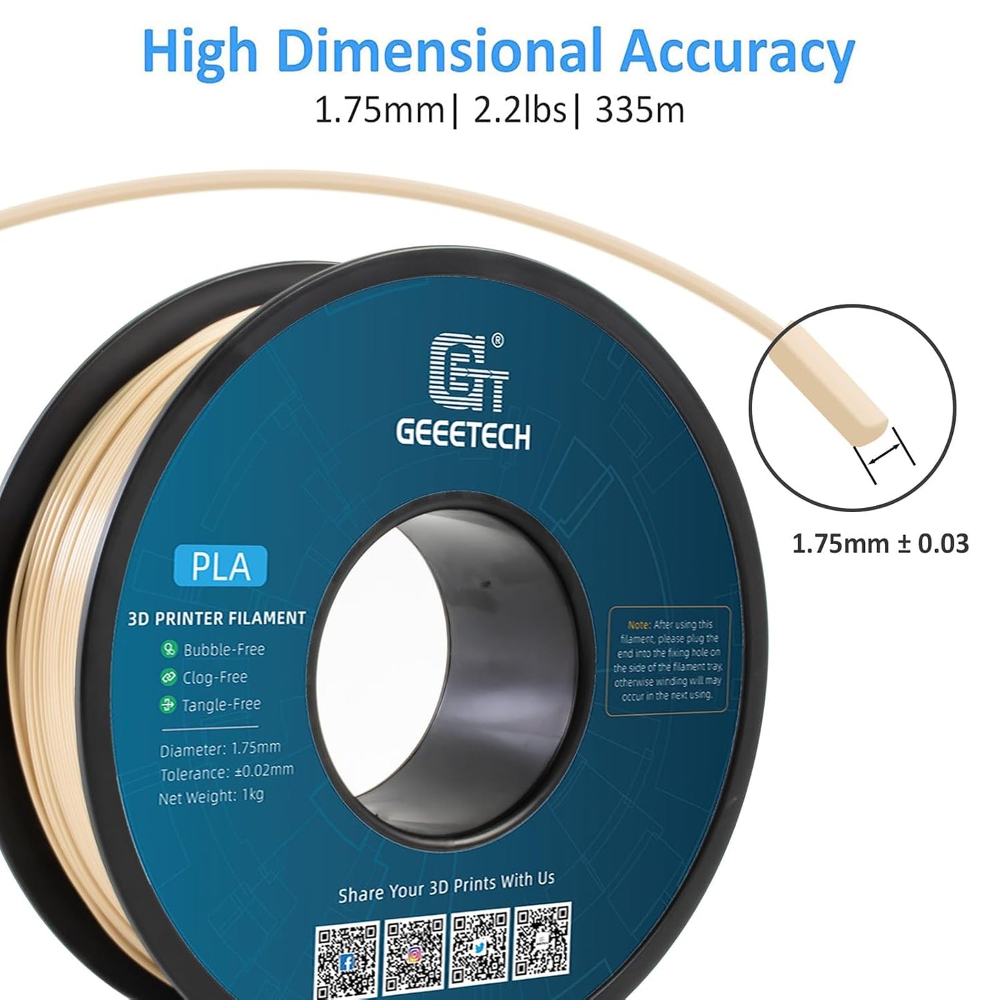 Geeetech PLA Filament 1.75mm Bone White 3D Printer Filament 1kg(2.2lbs), Neatly Wound Bone PLA Filament, Dimensional Accuracy +/- 0.02 mm, Fit Most FDM 3D Printers