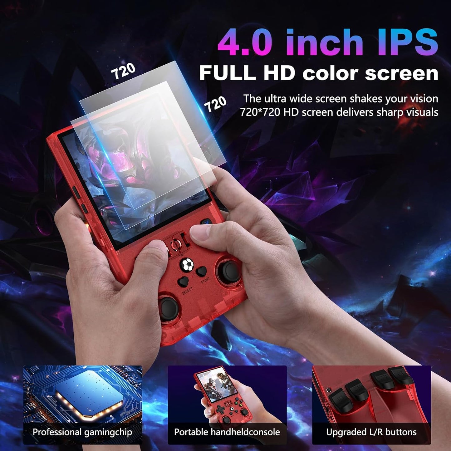 R36MAX Retro Handheld Game Console, 4.0 Inch 720x720 IPS Screen, Built-in 22,000+ Classic Game, Portable Hand Held Open Source Linux System, 4000mAh Battery Retro Gaming Console (Red 128GB)