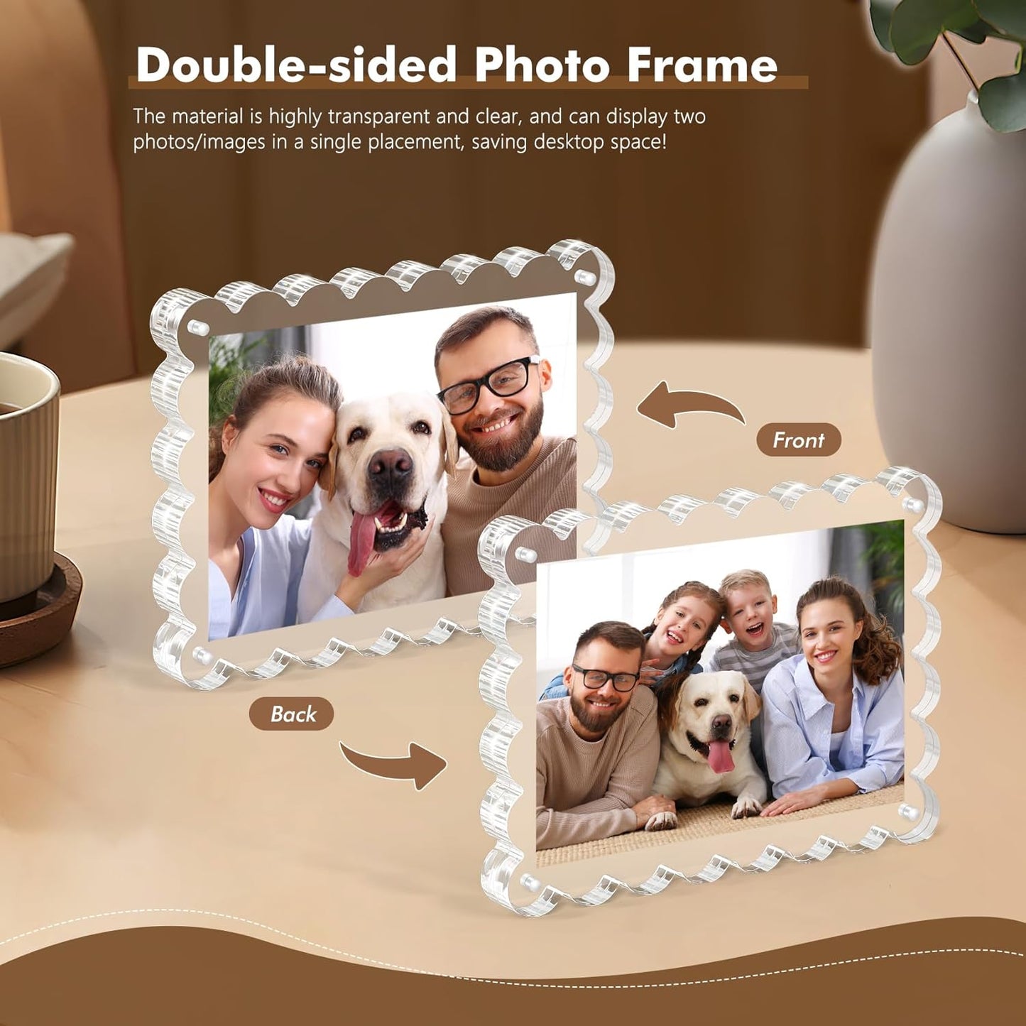 3Pack Magnetic Acrylic Picture Frames 5×7 Inch - Scalloped Photo Frame with 10+10mm Thick Block, Double Sided Clear Frames for Desktop Display | Trendy Home Gift (Clear, 5X7)