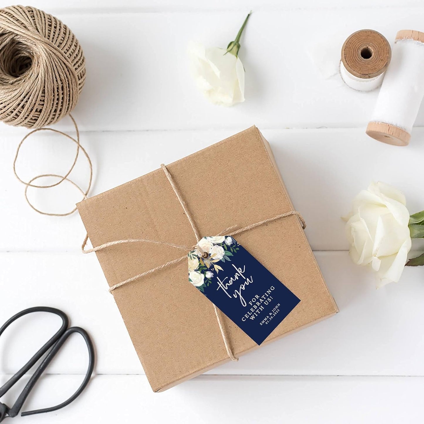 Andaz Press 100-Pack Personalized Thank You for Celebrating with Us Wedding Favor Tags with Bakers Twine Navy Blue with Florals Custom Cardstock Wedding Gift Tags for Party Favors 2 x 3.75-Inches