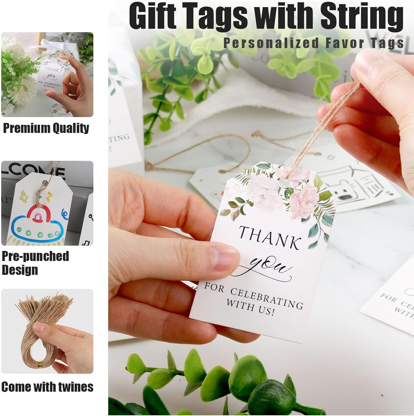 SallyFashion 75PCS Thank You Gift Tags, 2x3inch Floral Personalized Gift Tags with String for Wedding Birthdays Party Favors Baby Shower Bridal Shower