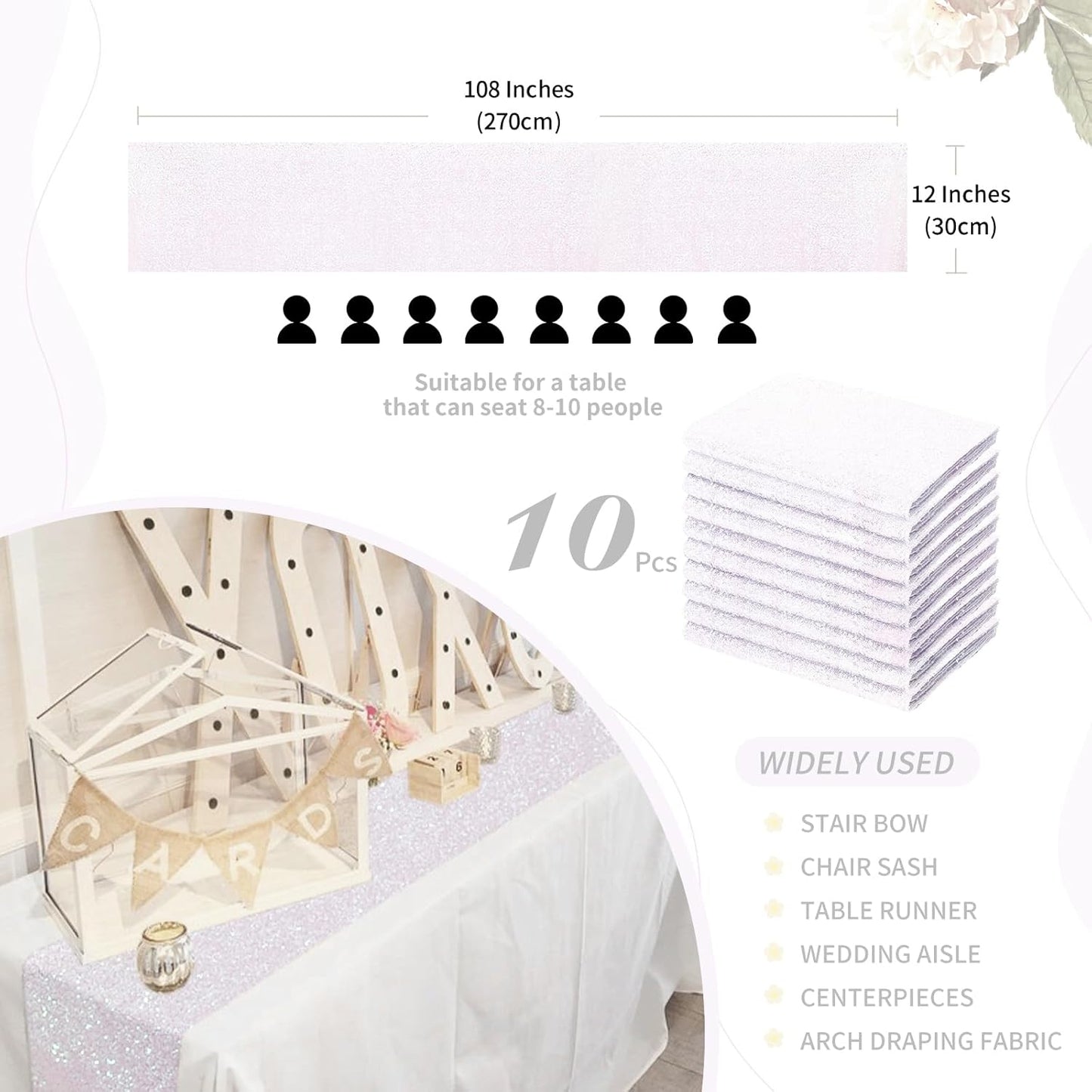 White Iridescent Sequin Table Runners 10 Pieces 12x108 Inches Glitter Table Cover for Wedding Birthday Banquet Party Table Decorations